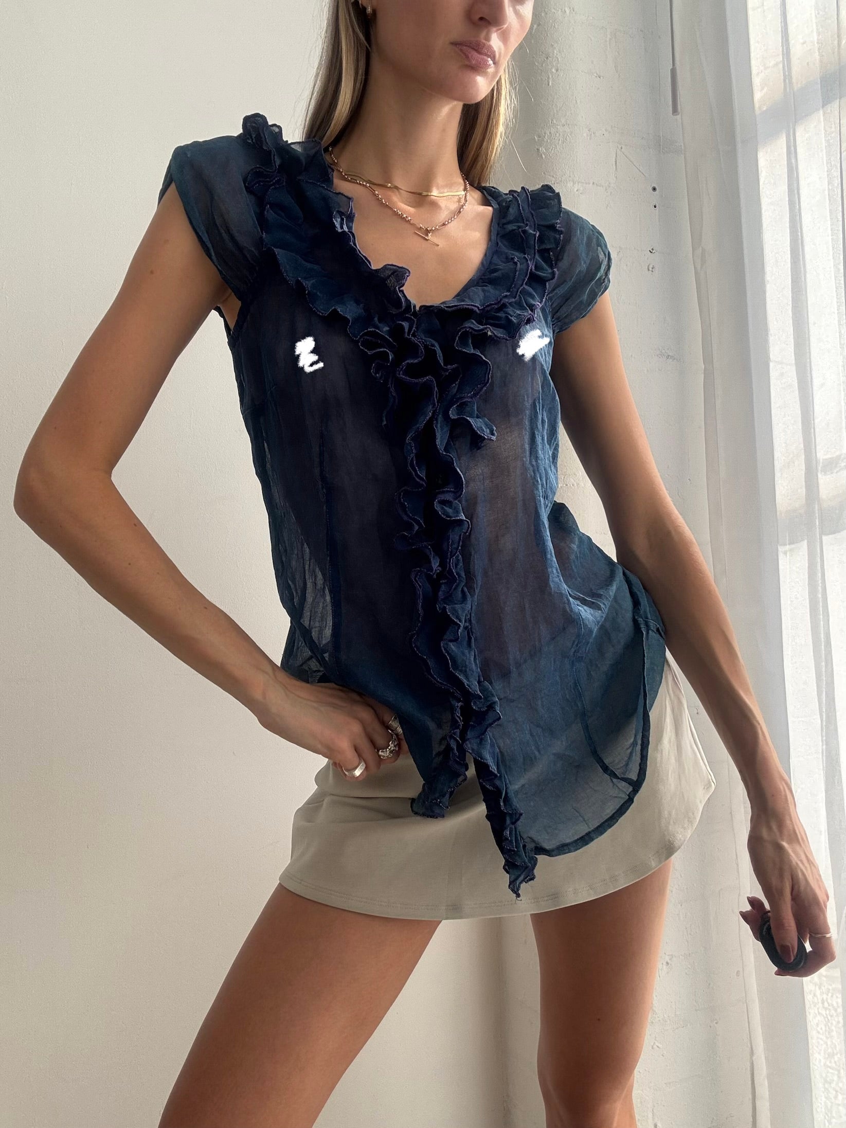 Vintage Y2K navy blue sheer ruffle blouse