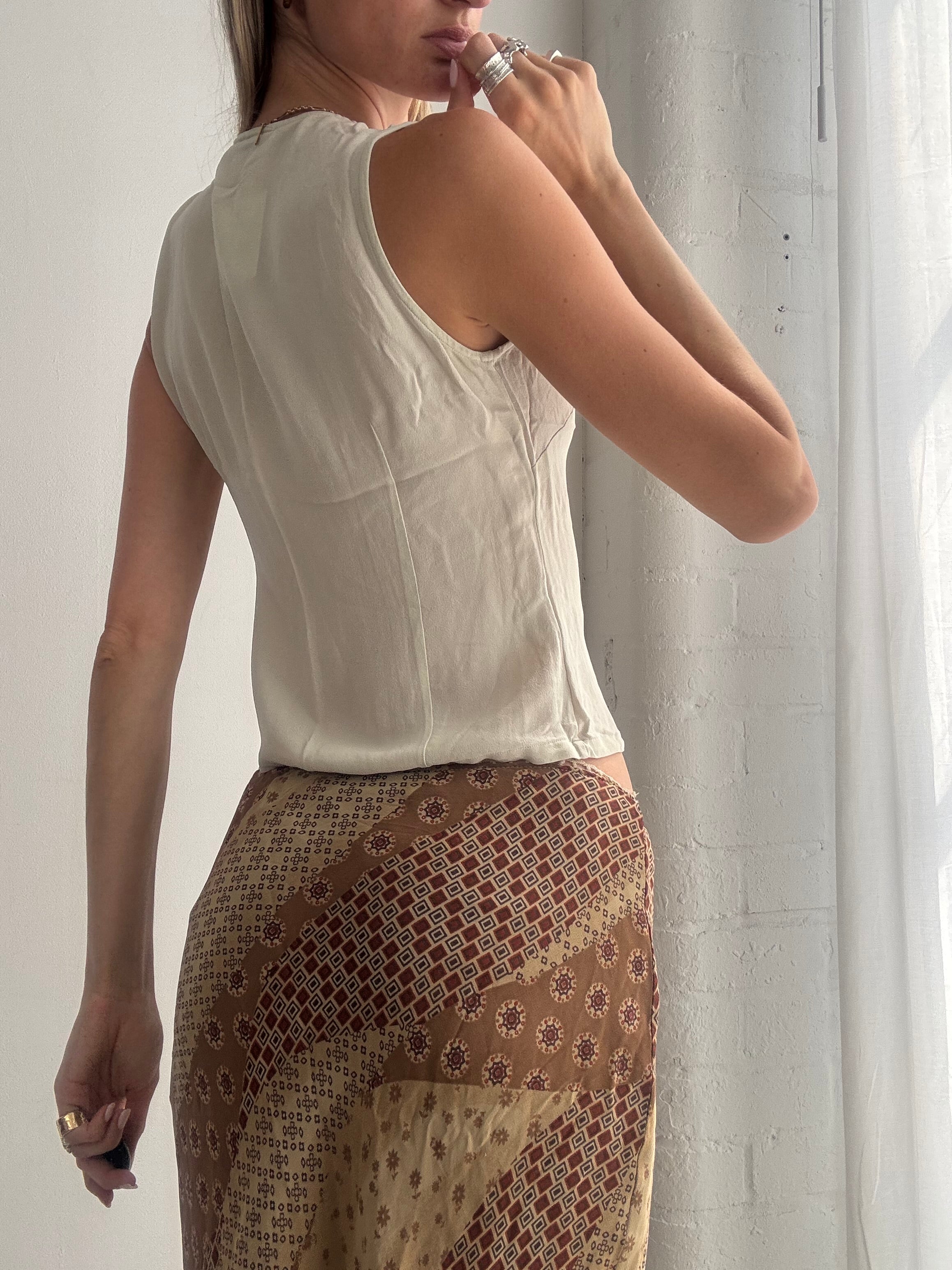 Vintage Cream Silk Button Front Sleeveless Top Y2K Boho - Size XS