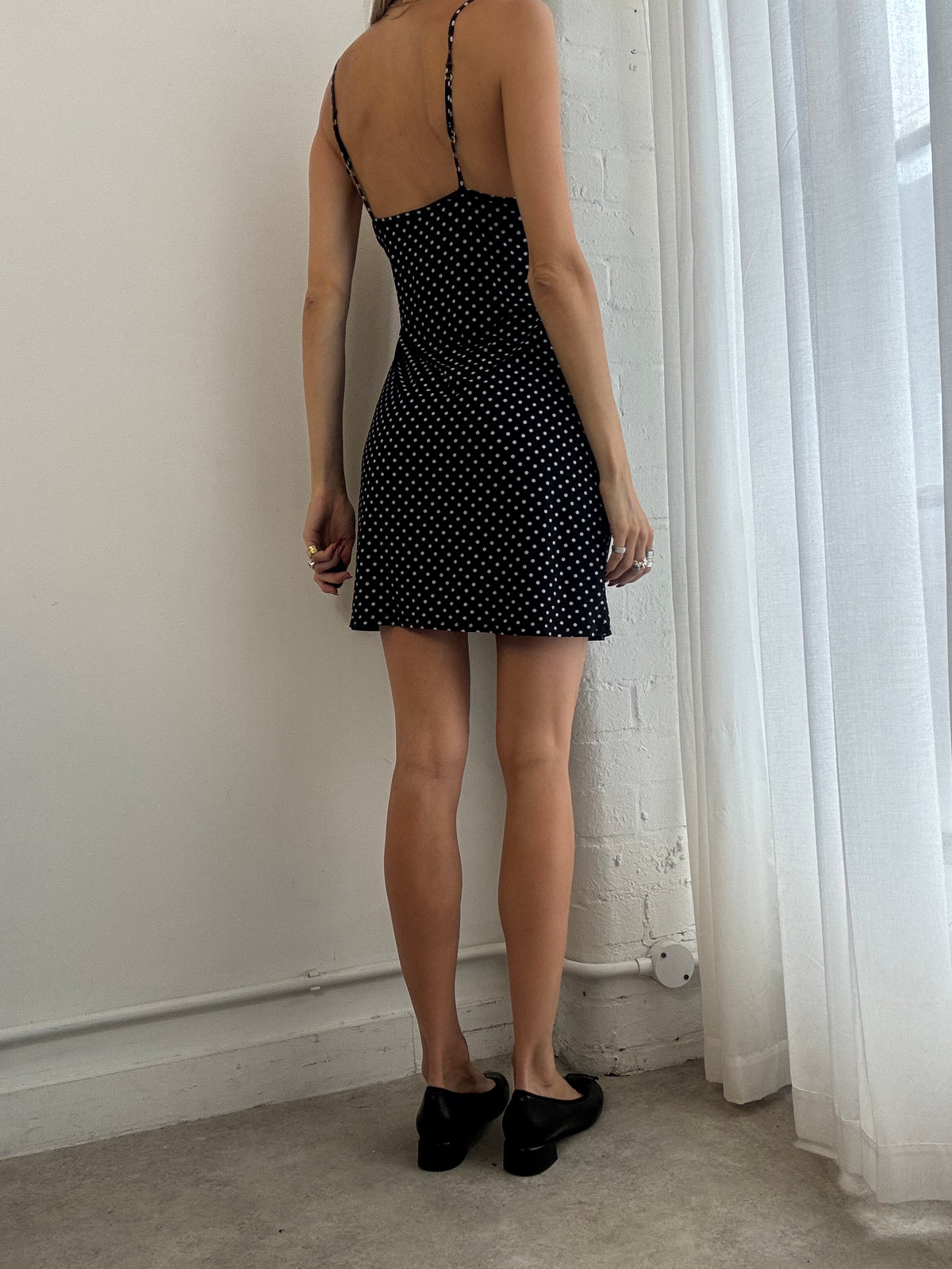 Vintage Y2K Black Polka Dot Lace Trim Mini Slip Dress - Size L