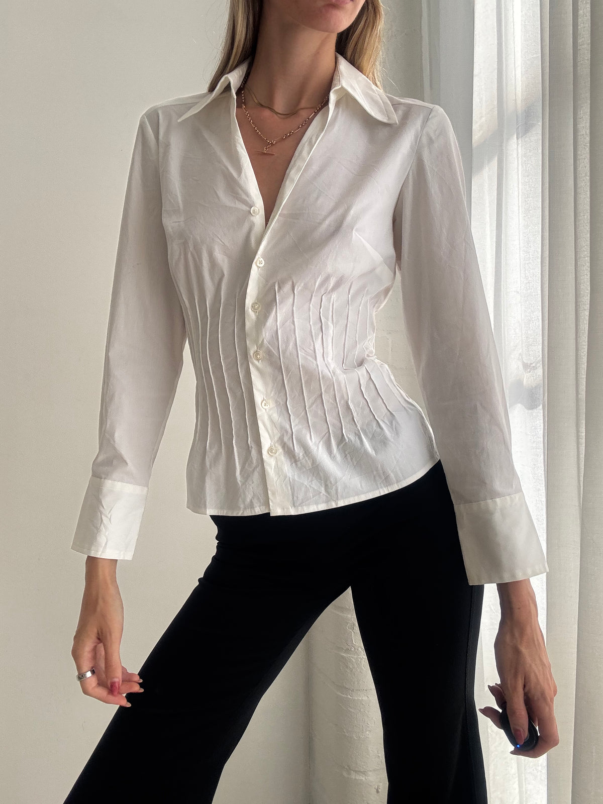Vintage Y2K White Corset Style Fitted Button Up Shirt - Size S