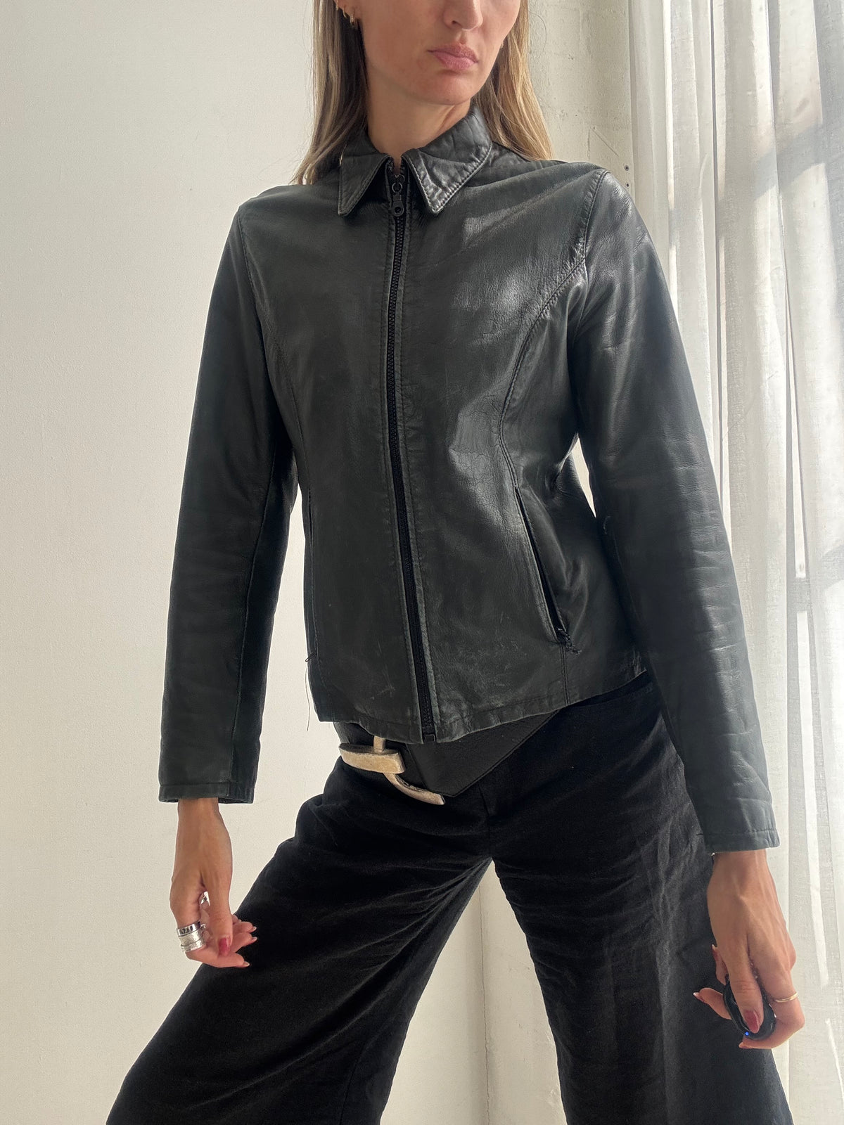 Vintage 90s Dark Green Leather Minimalist Jacket - Size S