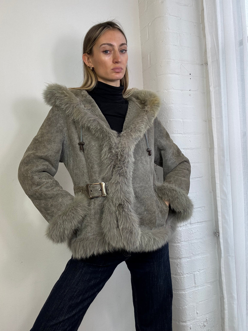 Vintage Y2K grey suede sheepskin hooded fur trim coat buckle