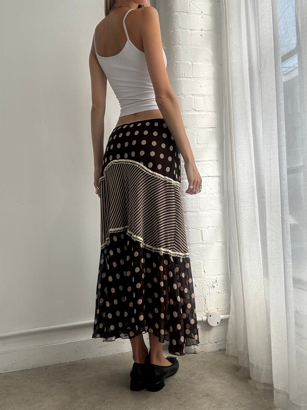 Vintage Y2K Brown Polka Dot Patchwork Maxi Skirt - Size M