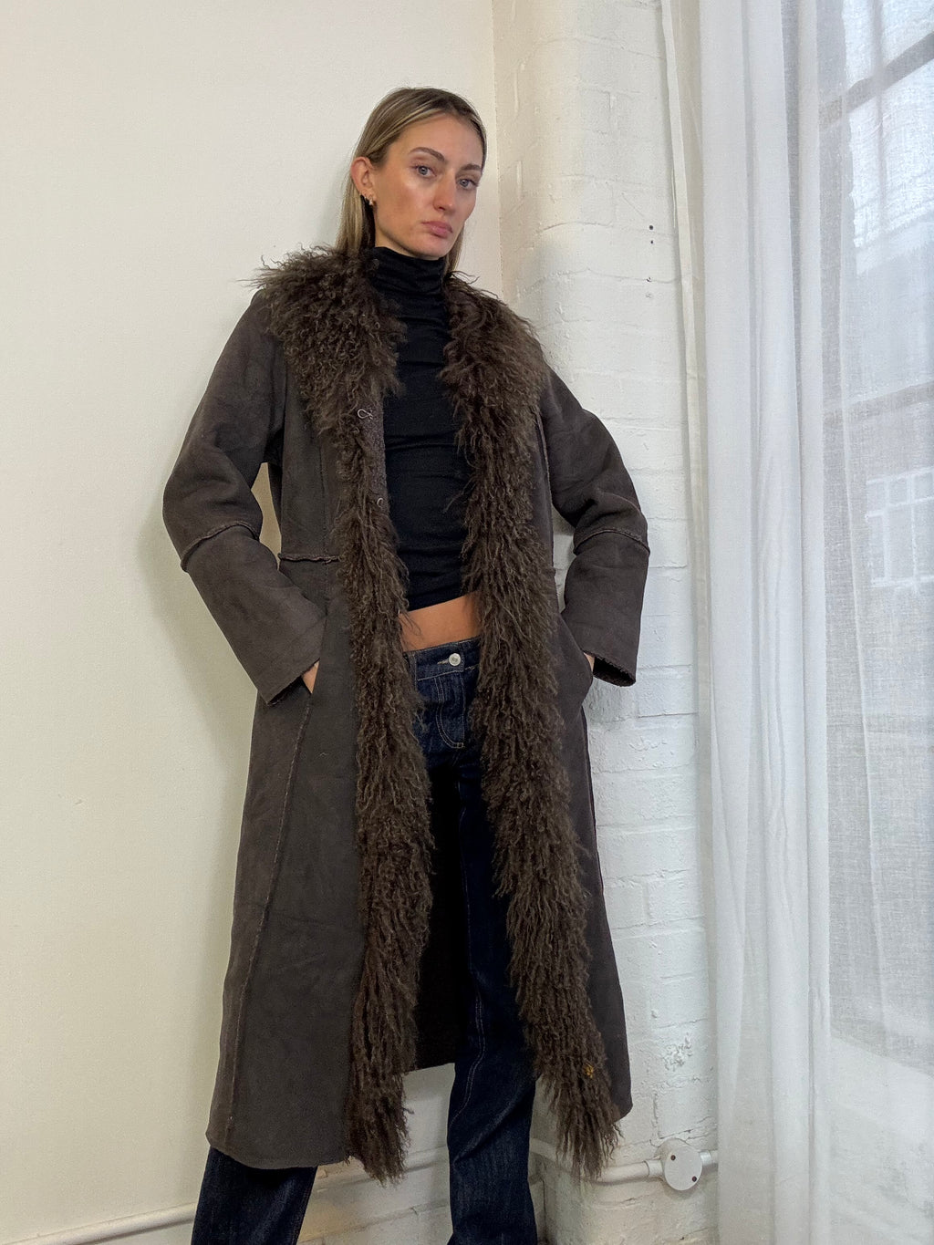 Vintage Y2K penny lane Mongolian fur coat brown