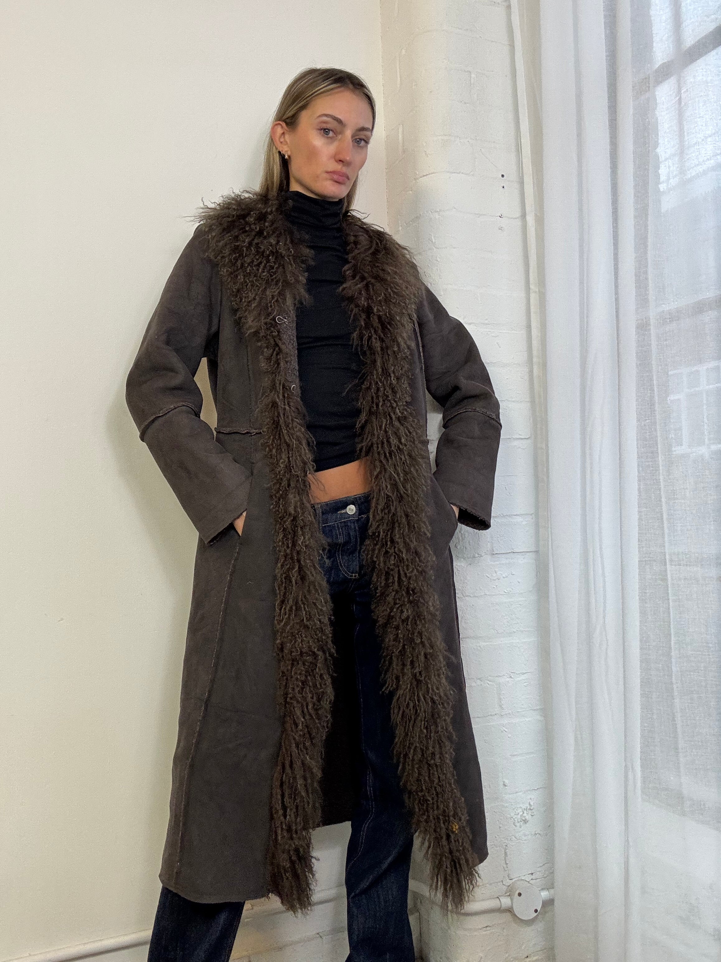 Vintage Y2K penny lane Mongolian fur coat brown