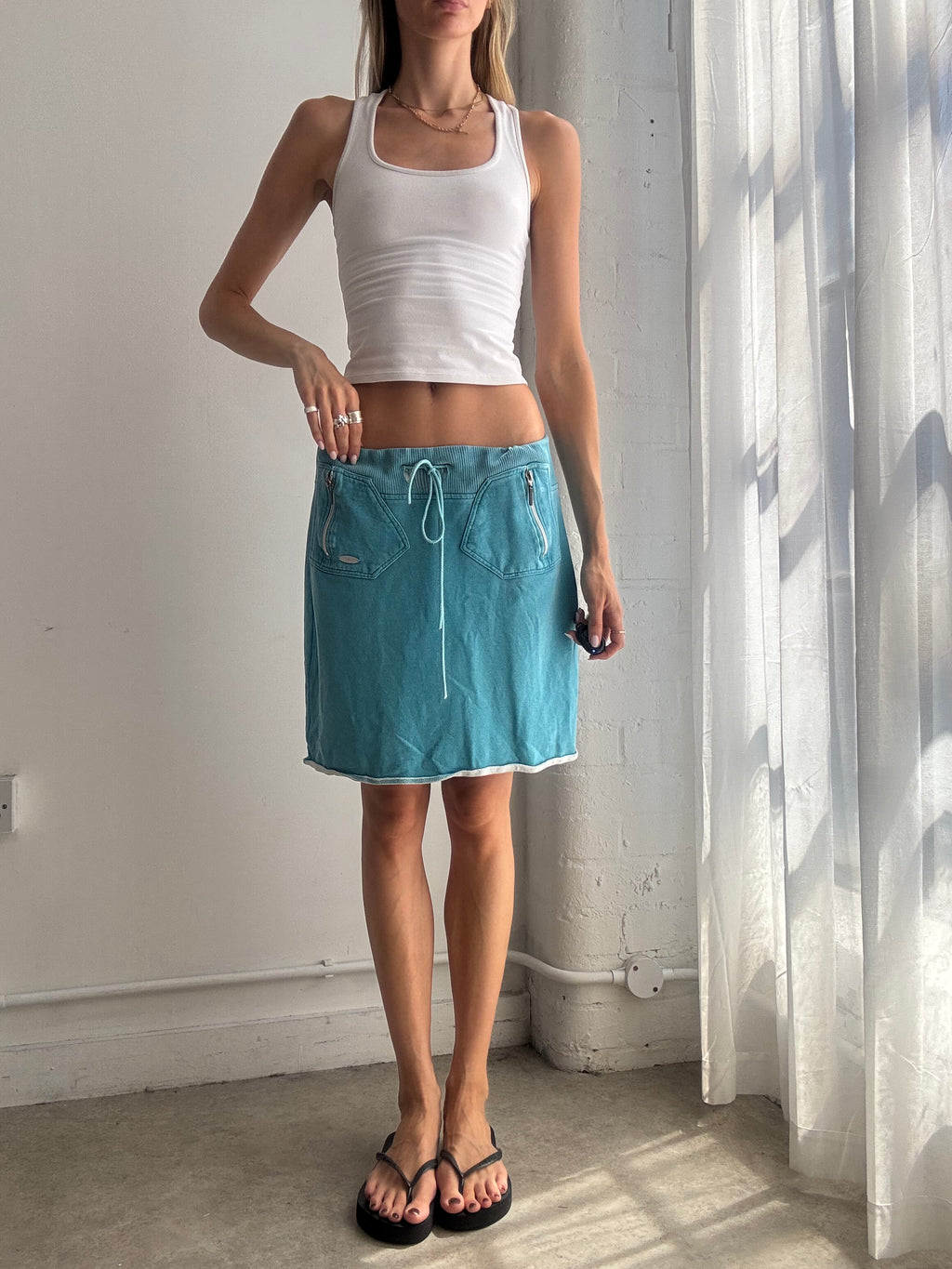 Vintage Turquoise Drawstring Midi Skirt Y2K - Size M/L
