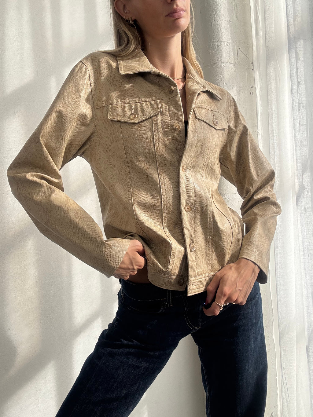 Vintage Y2K Beige Snake Print Faux Leather Jacket - Size S