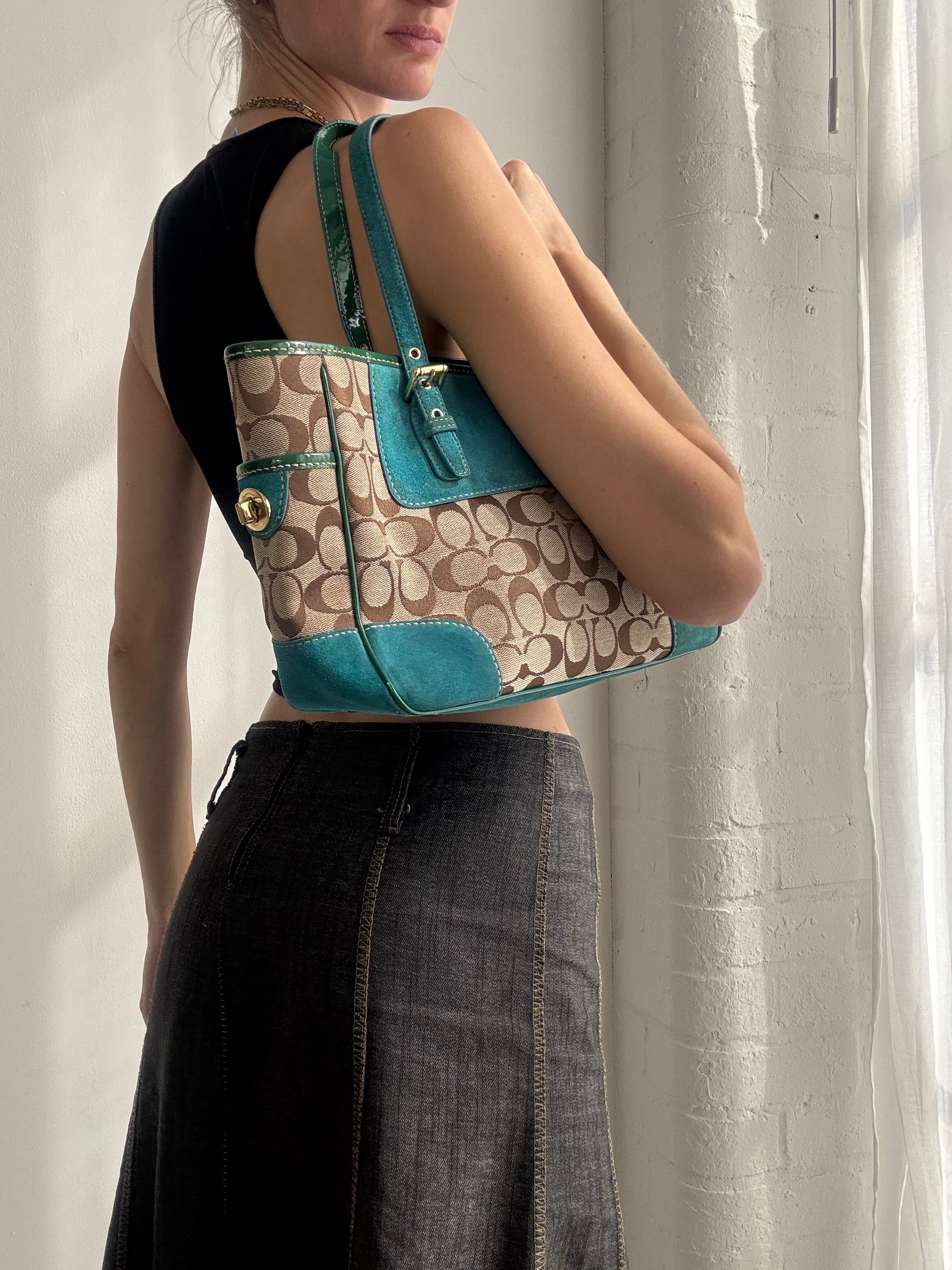 Vintage Y2K Coach monogram shoulder bag with teal suede