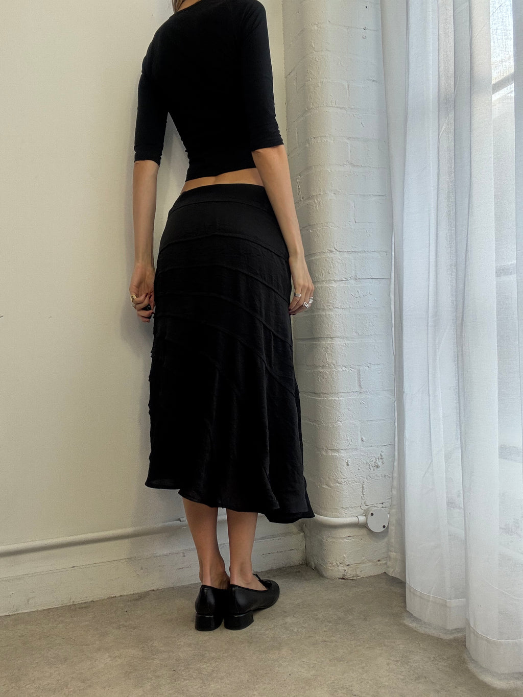 Vintage Y2K black satin midi skirt