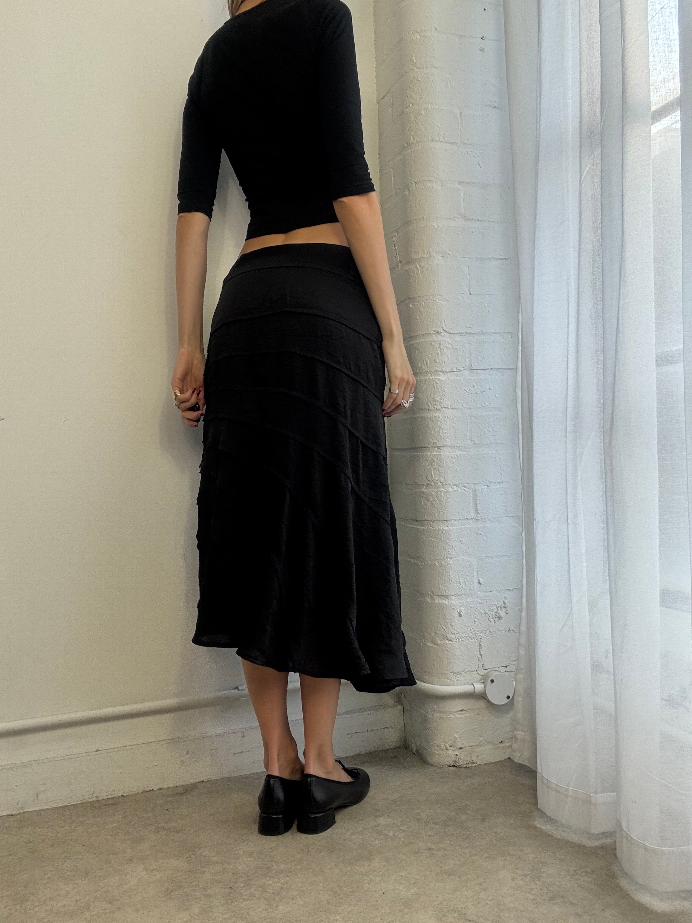 Vintage Y2K black satin midi skirt