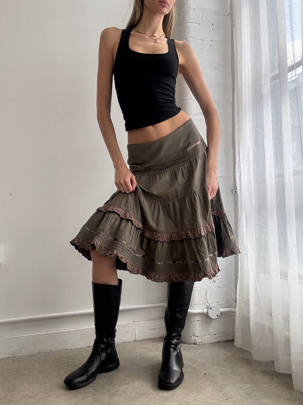 Vintage Y2K khaki tiered boho midi skirt ruffle