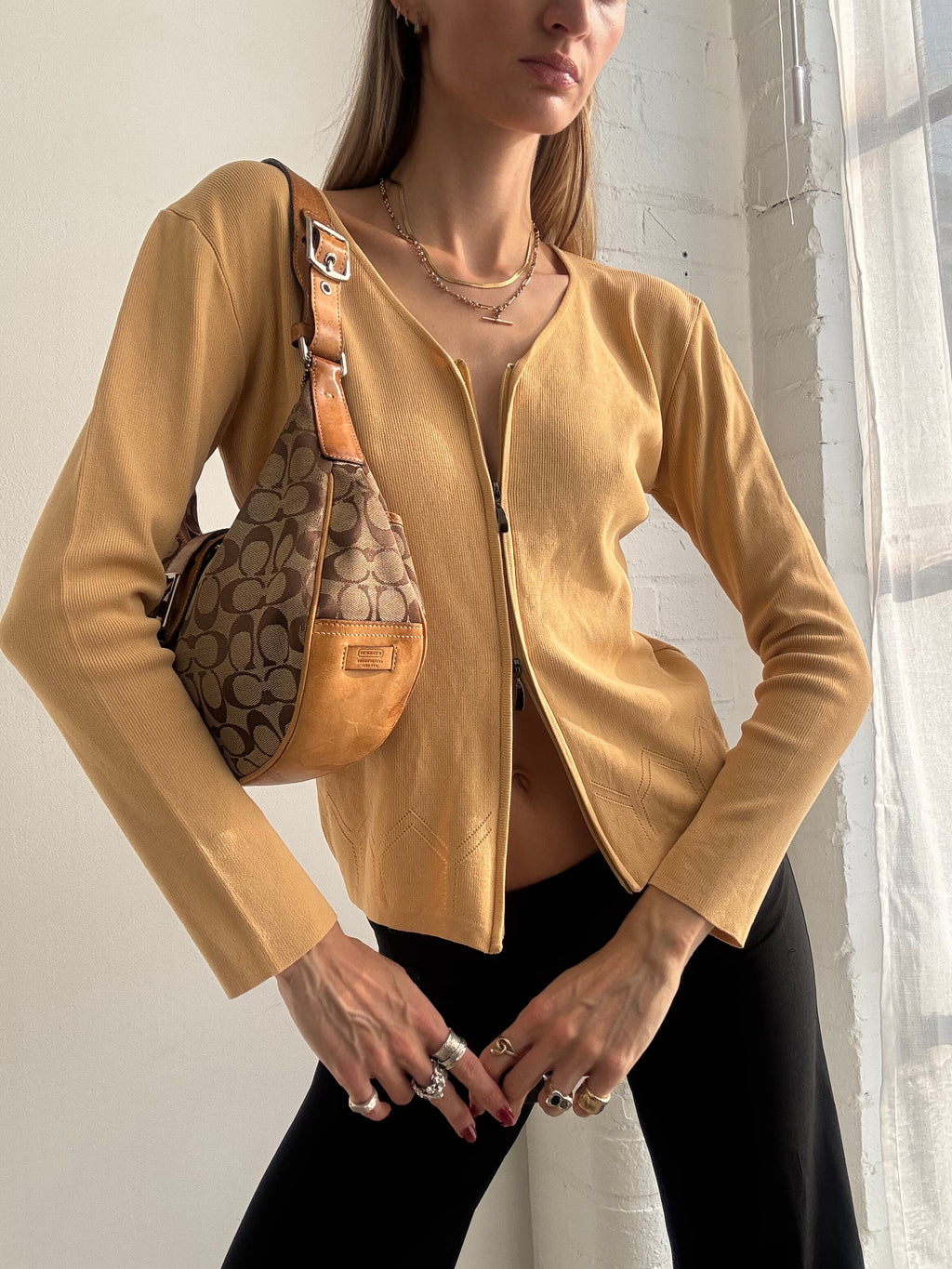 Vintage Y2k Dual Zip Ribbed Knitted Top Jumper Yellow