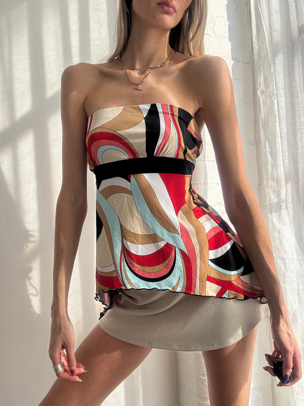 Vintage Y2K abstract print asymmetric strapless top