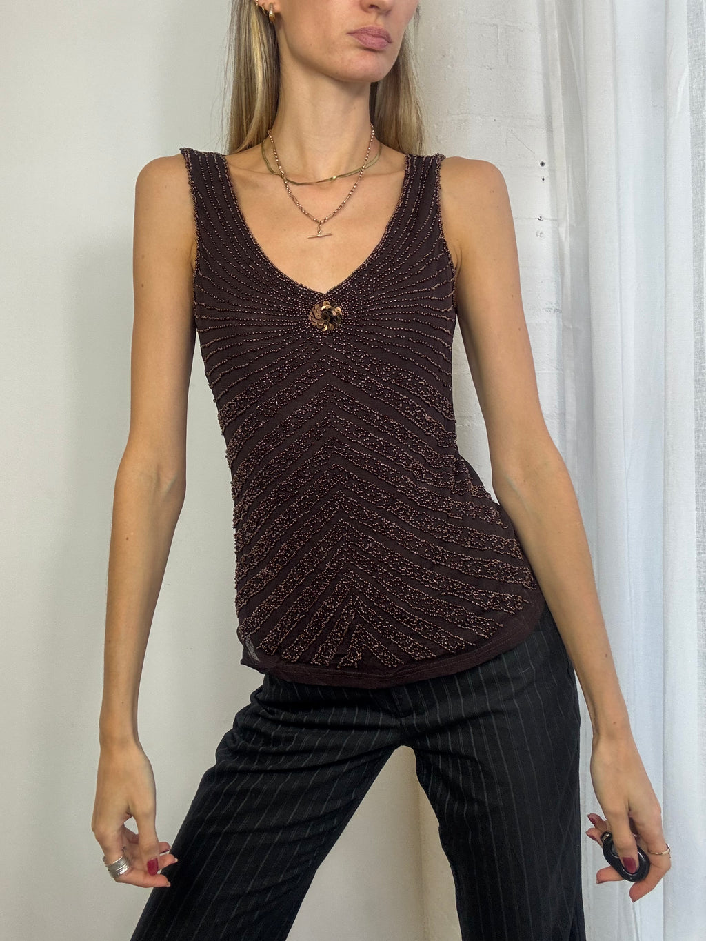 Vintage Y2K brown mesh beaded tank top