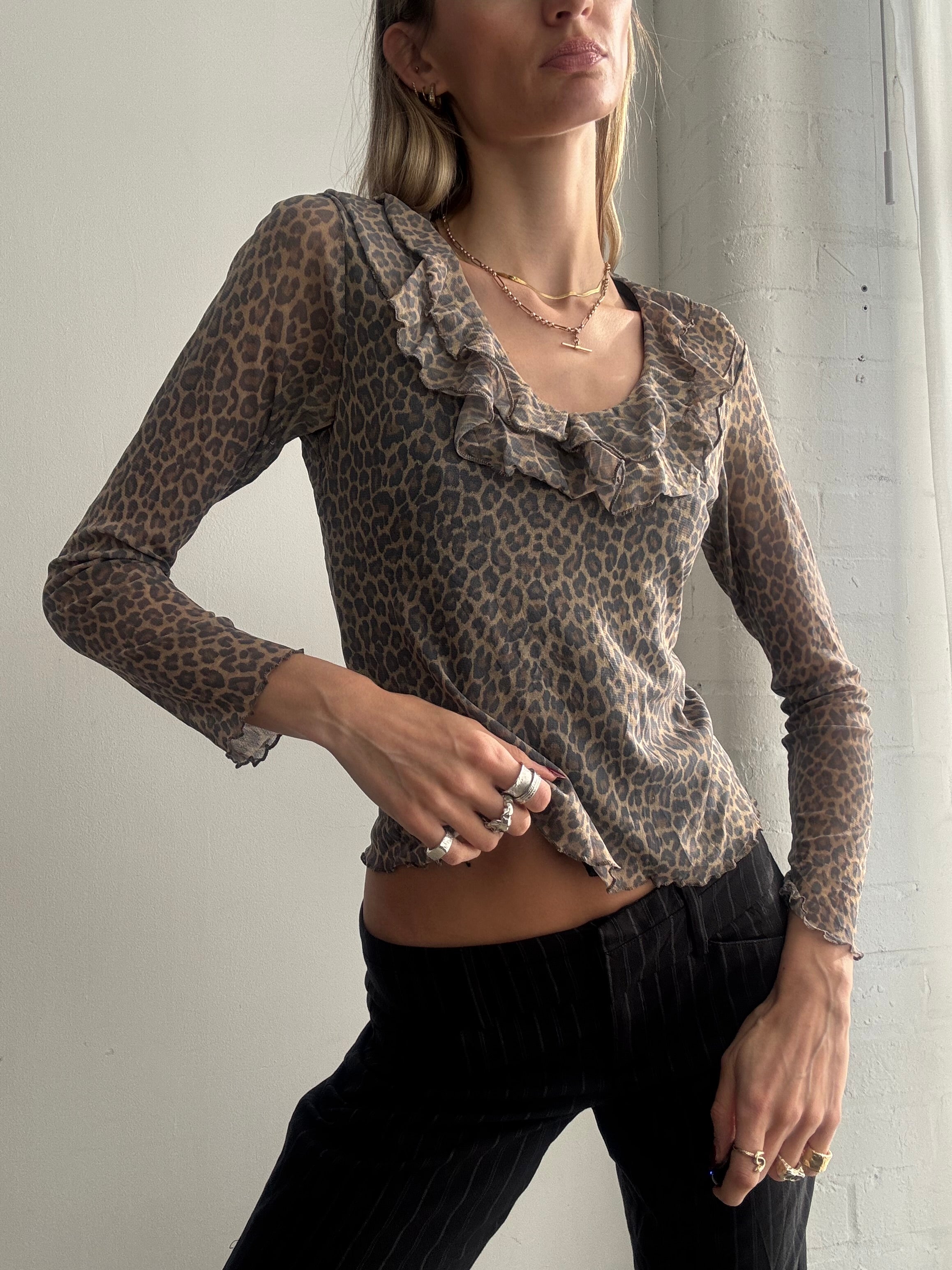 Vintage Y2K leopard print mesh ruffle top