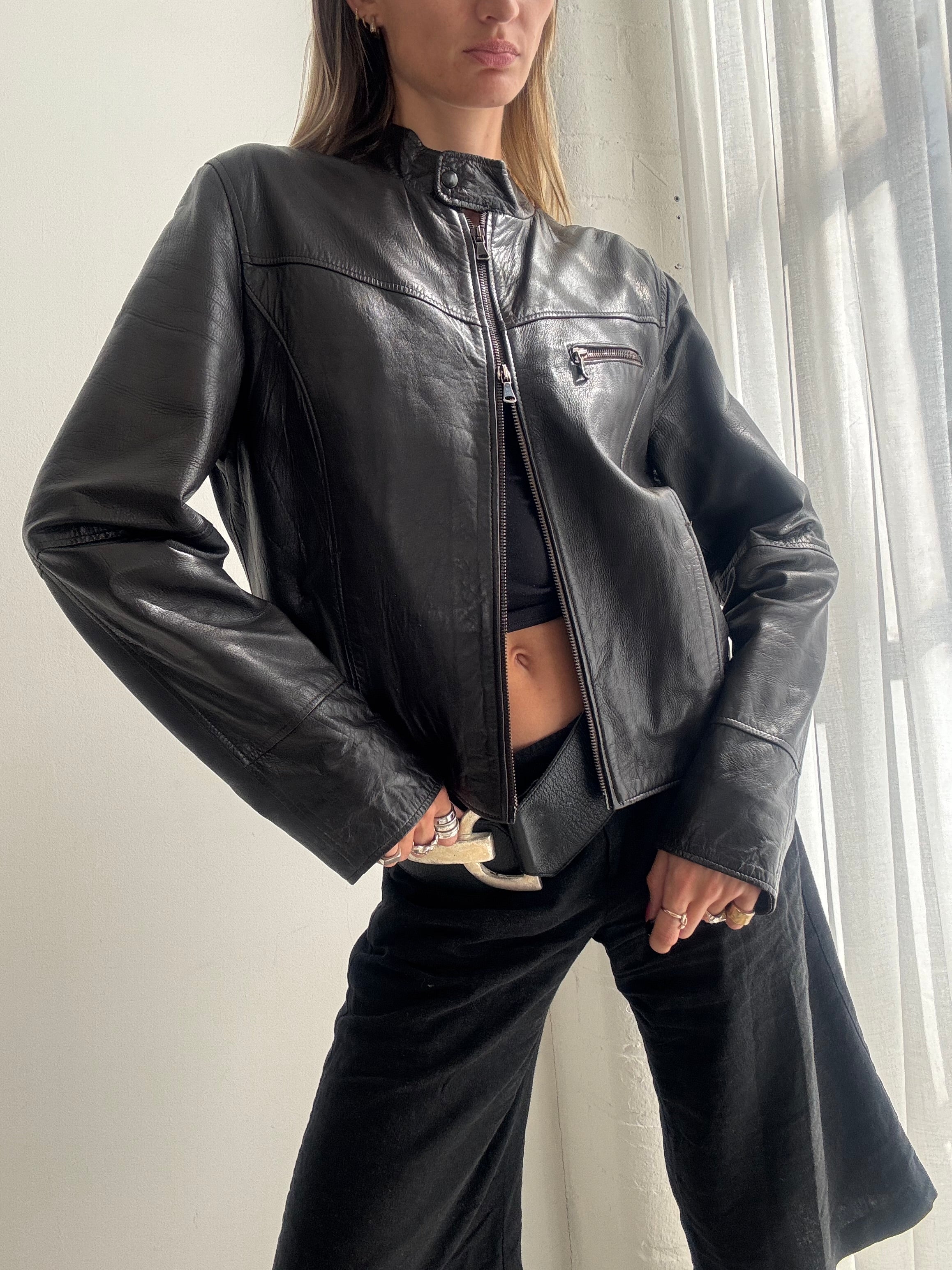 Vintage 90s Brown Leather Biker Jacket - Size M