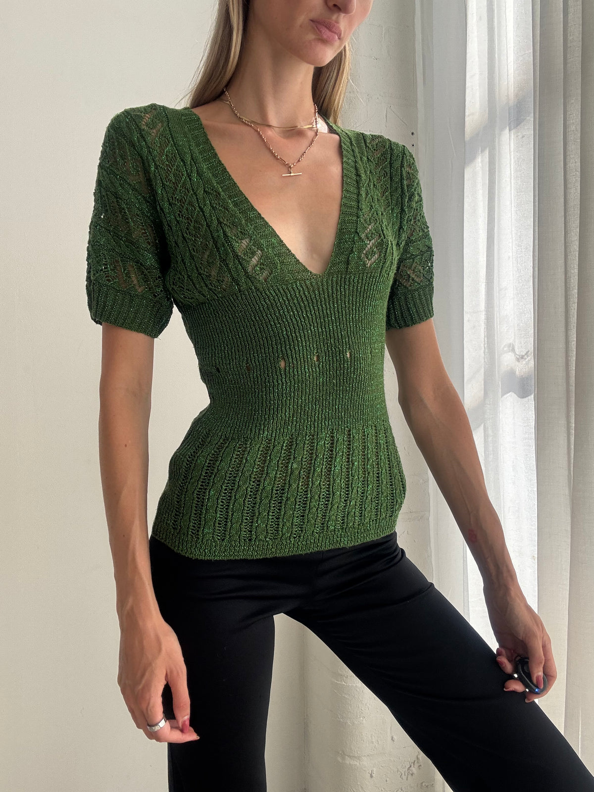 Vintage Y2K Forest Green Crochet Knit V Neck Top - Size S