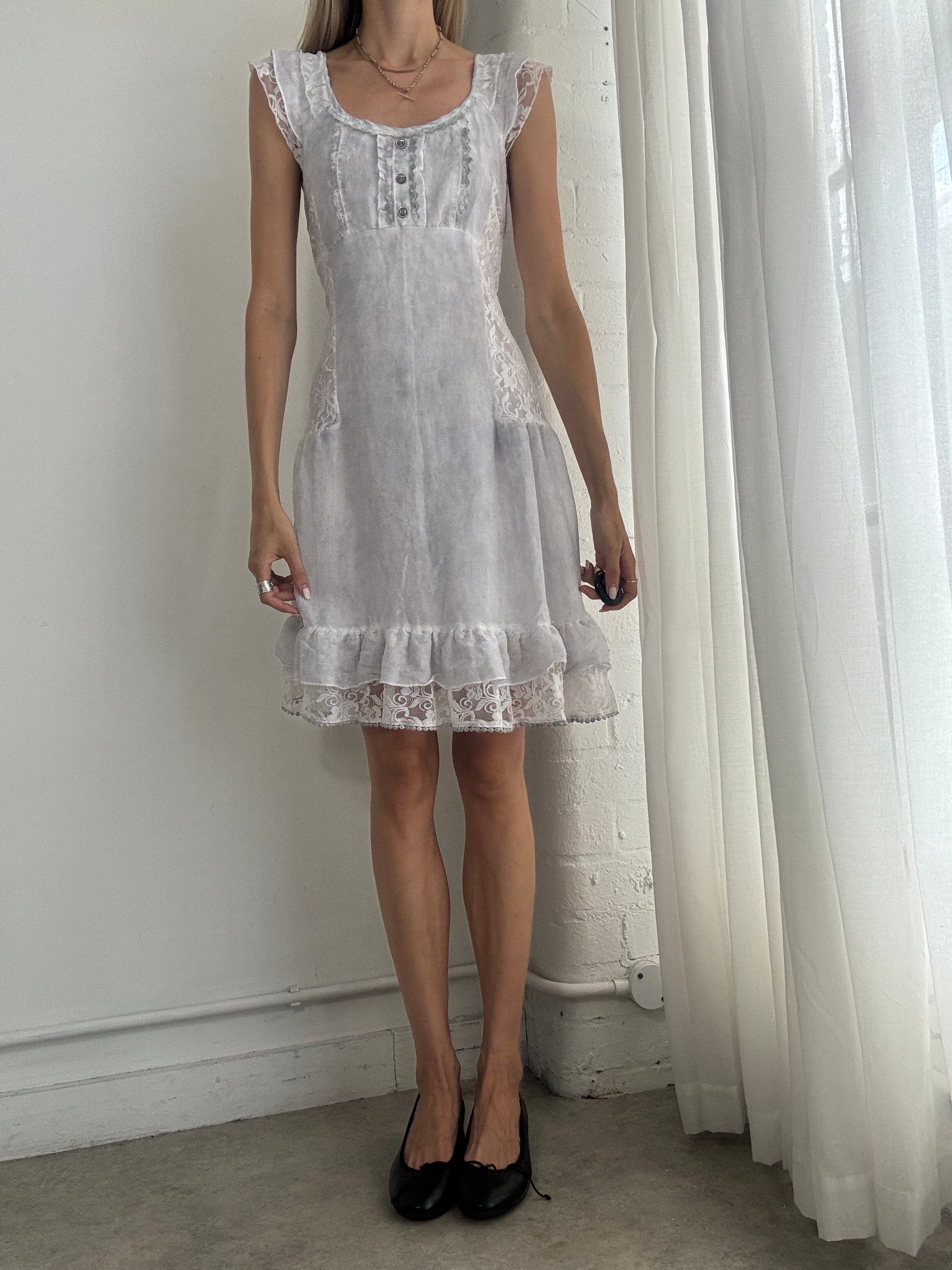 Vintage White Ruffle Lace Mini Dress – Cottagecore Boho Summer Dress - Size L