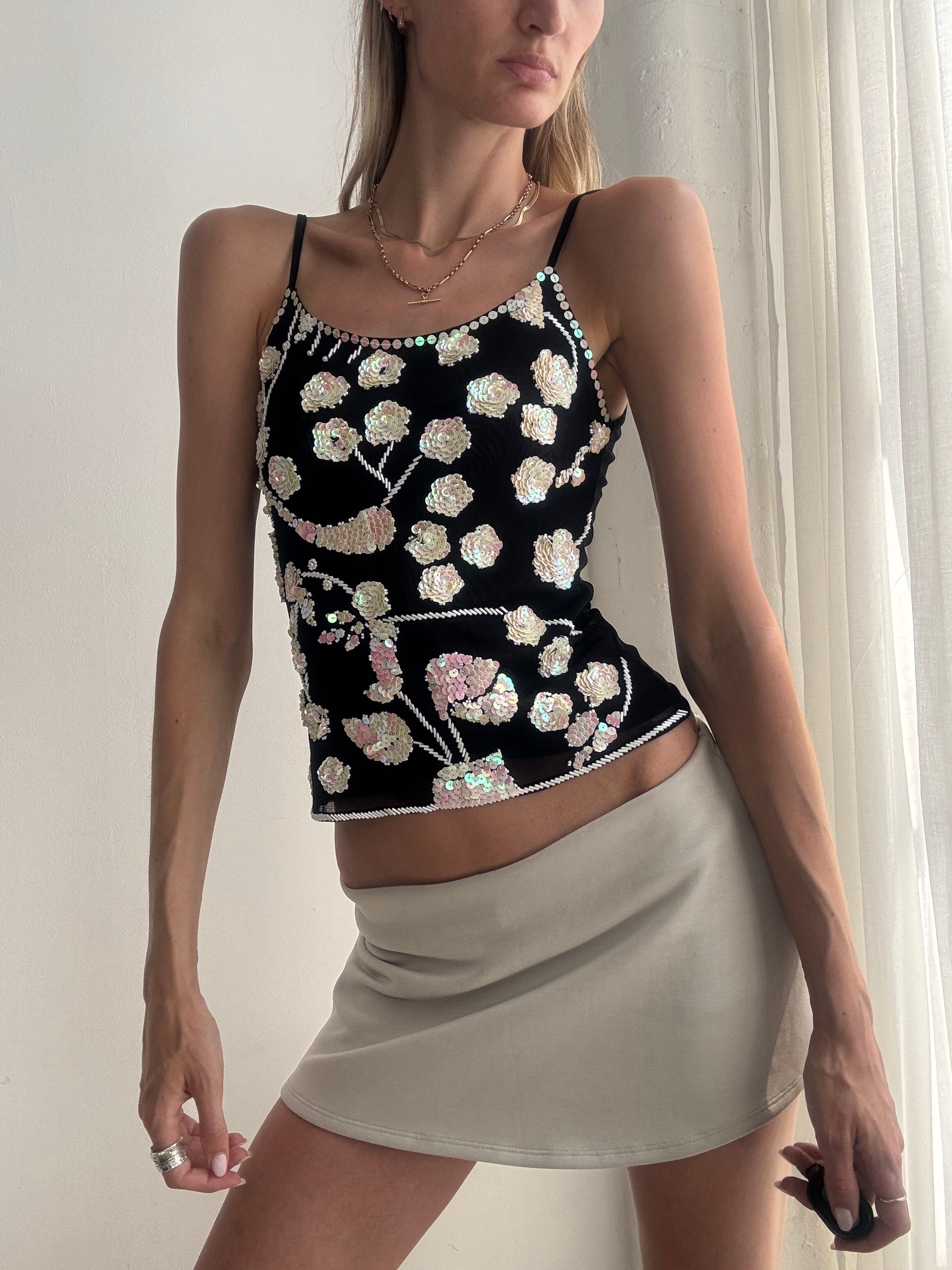 Vintage Y2K Sequin Floral Cami Top - Size XS