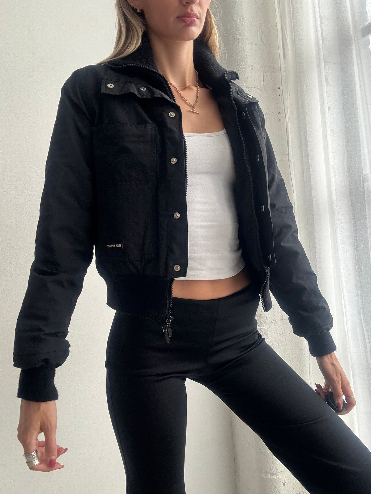 Vintage Y2K Black Cropped Utility Bomber Jacket - Size XS-S