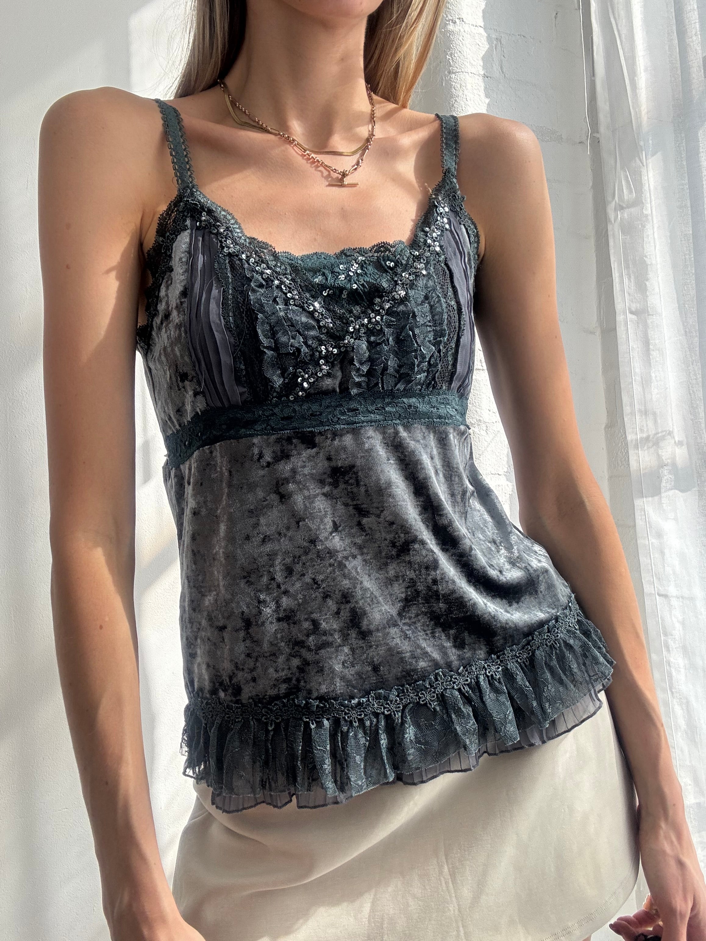 Vintage Y2K midnight blue velvet lace trim beaded cami top