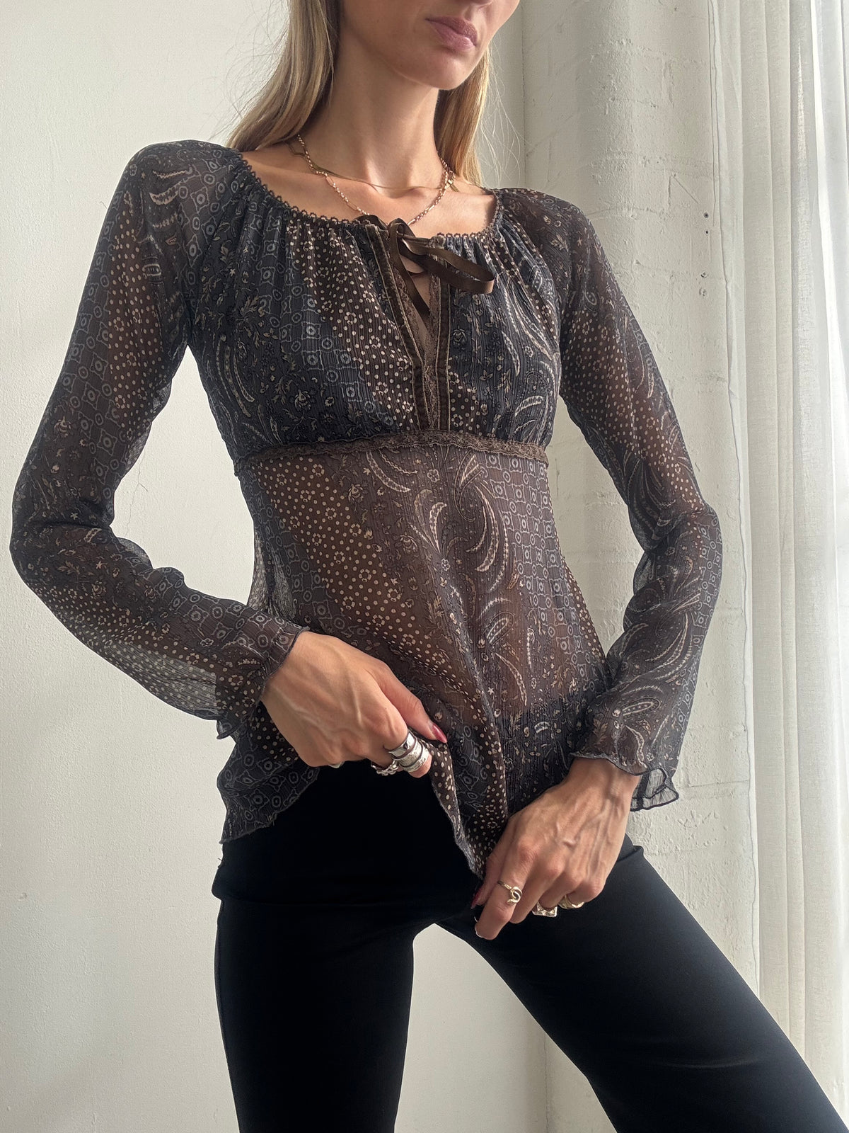 Vintage Y2K Brown Paisley Sheer Mesh Peasant Top - Size S