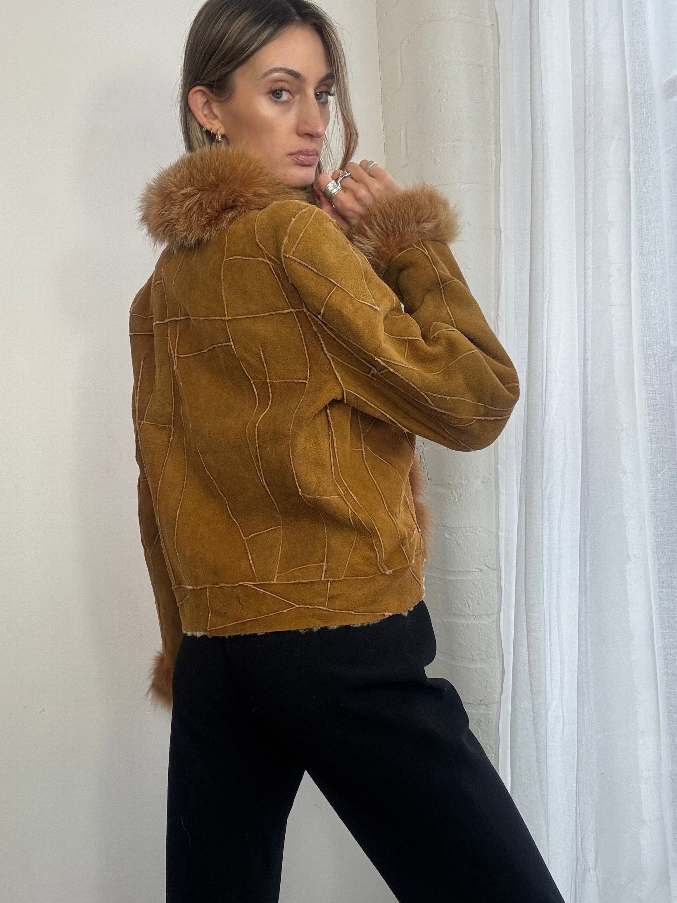 Vintage Y2K patchwork suede Afghan fur trim coat