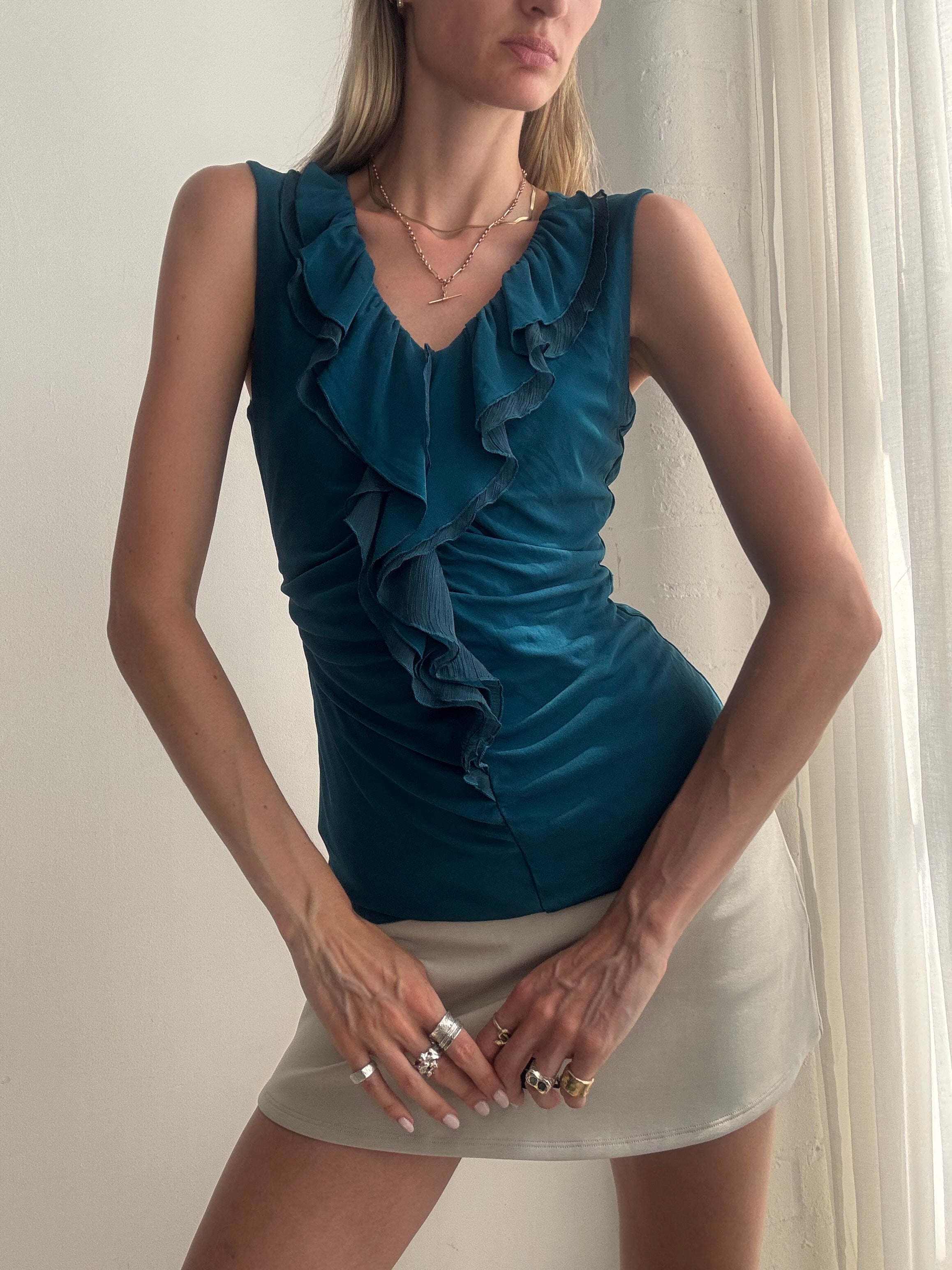 Vintage Y2K Teal Ruffle Sleeveless Top - Size S