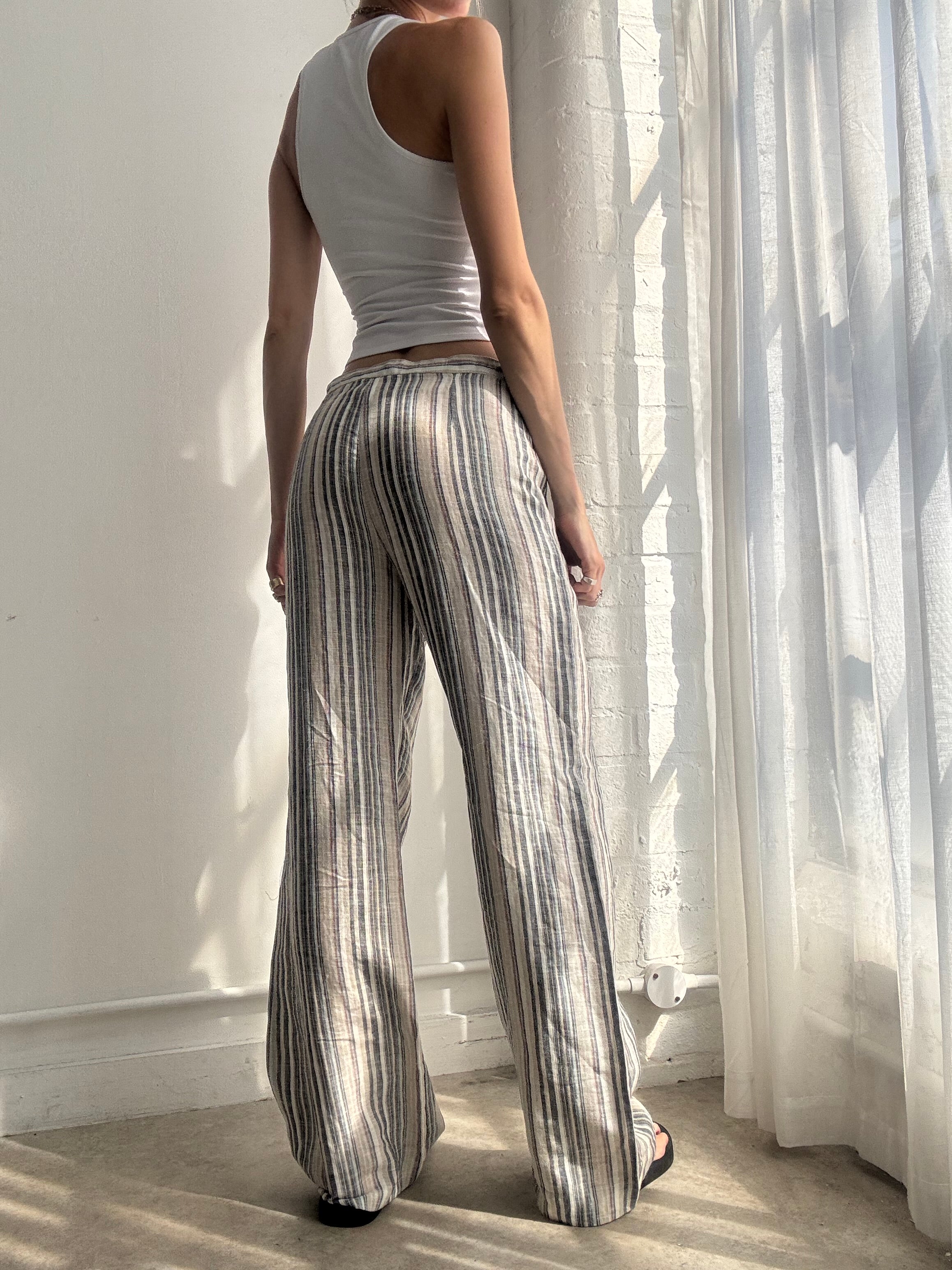 Vintage Y2K Linen Stripe Wide Leg Trousers - Size S/M