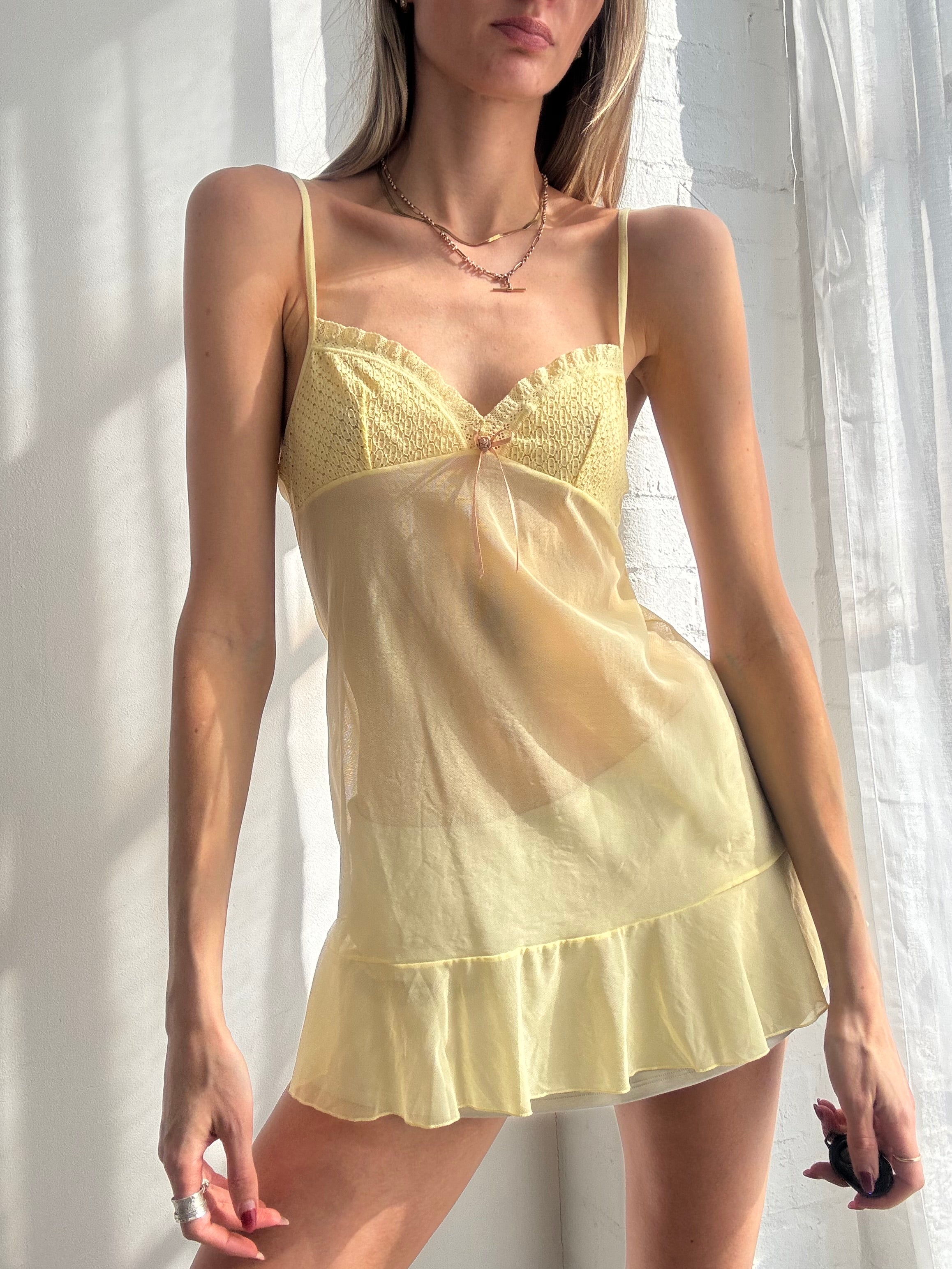 Vintage Y2K pastel yellow sheer babydoll ruffle slip dress