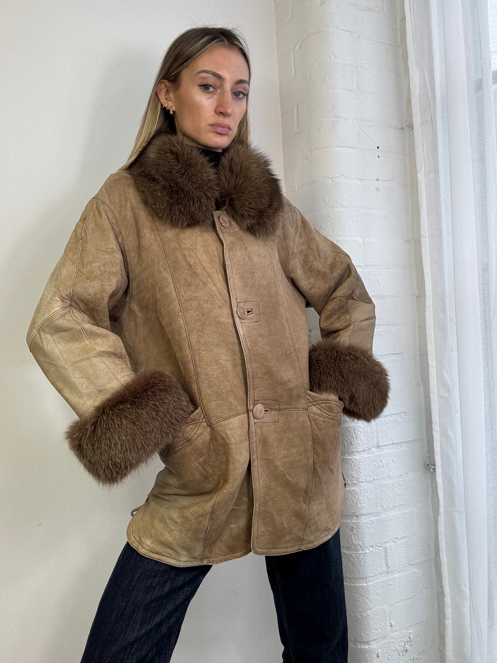Vintage 90s sheepskin coat beige