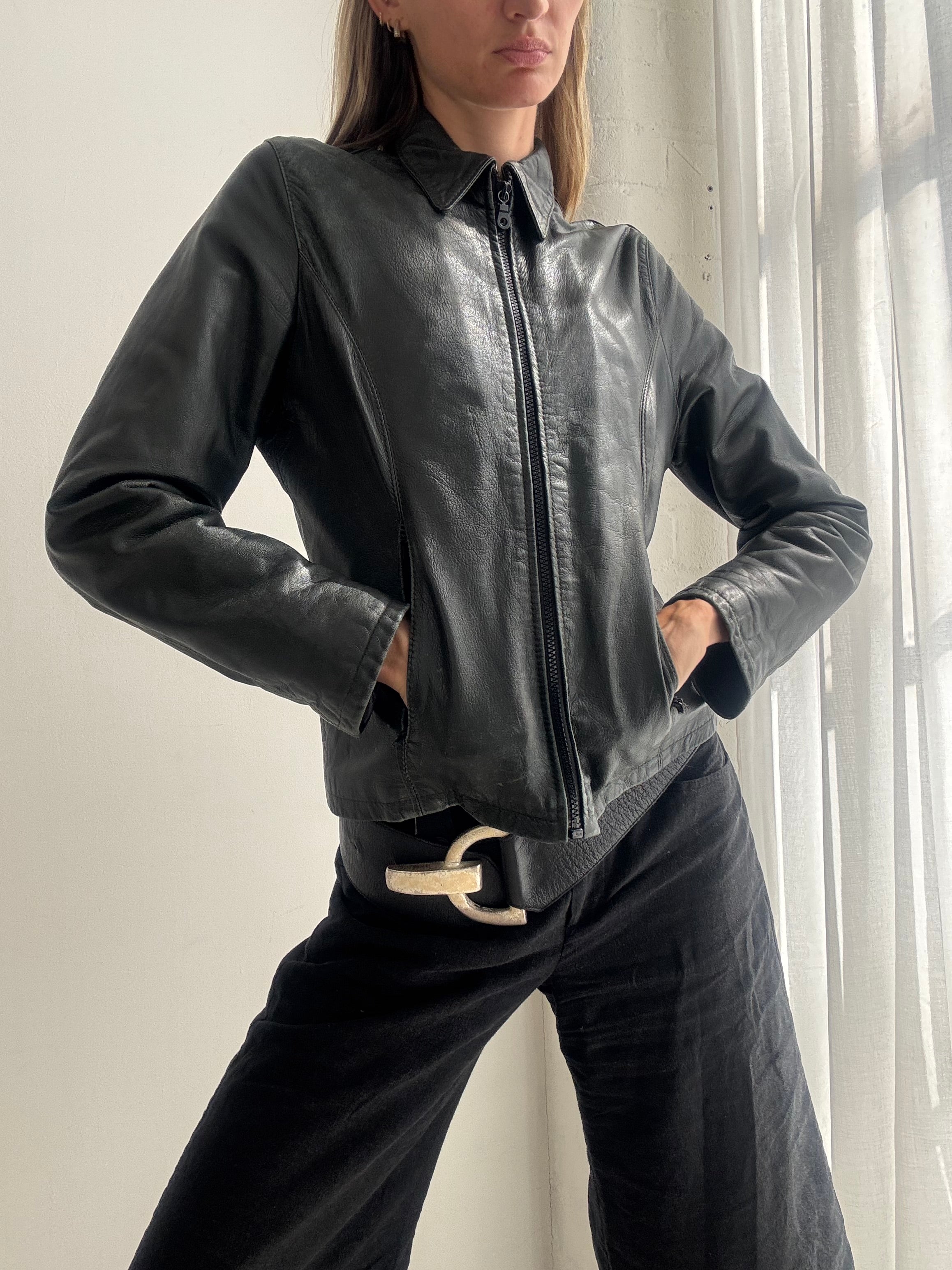 Vintage 90s Dark Green Leather Minimalist Jacket - Size S
