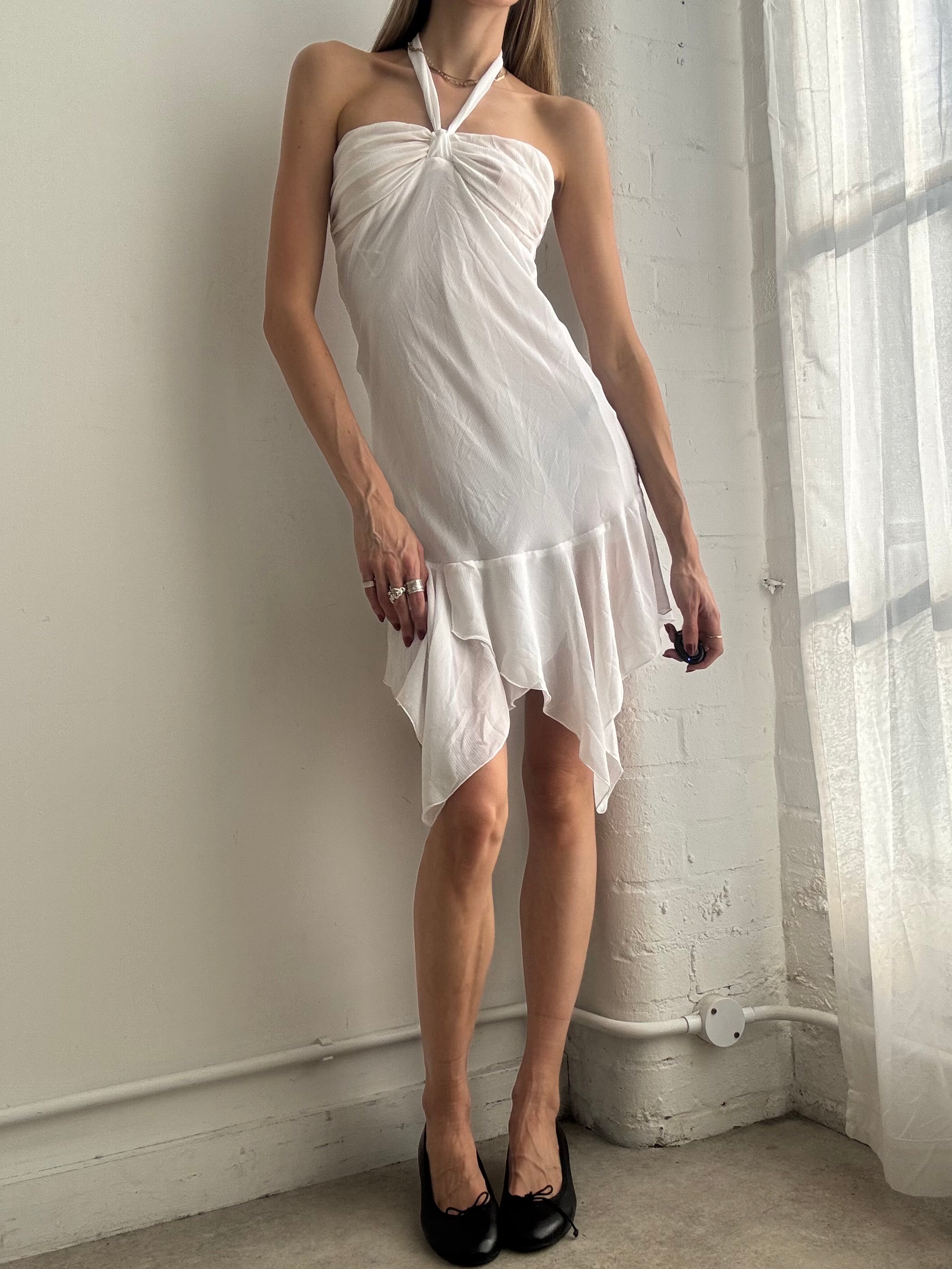 Vintage Y2k Mesh Halter Neck White Midi Dress Asymmetric Fairy