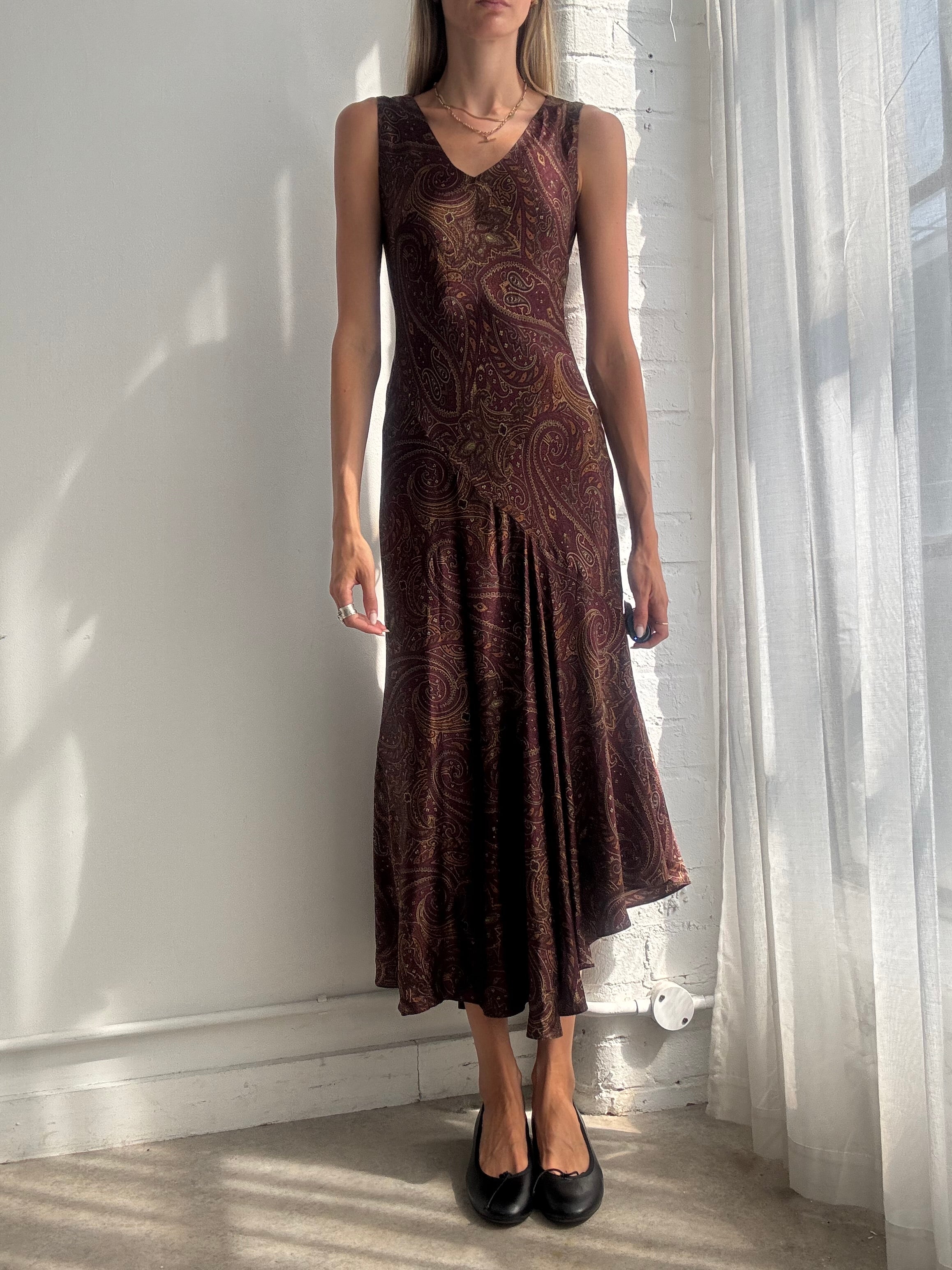 Vintage Y2K Ralph Lauren Burgundy Paisley Bias Cut Silk Maxi Dress - Size M