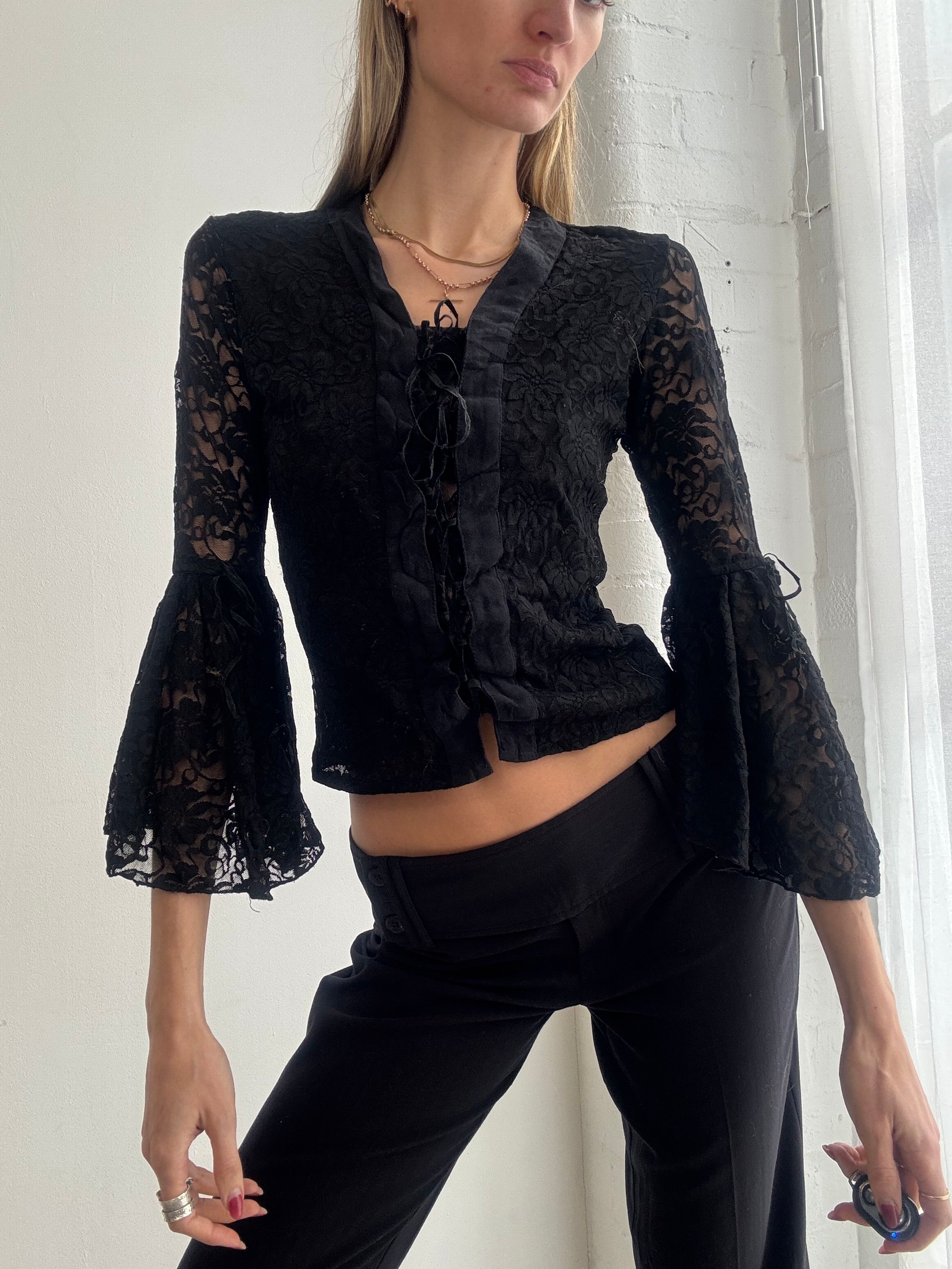Vintage Y2K black lace bell sleeve top
