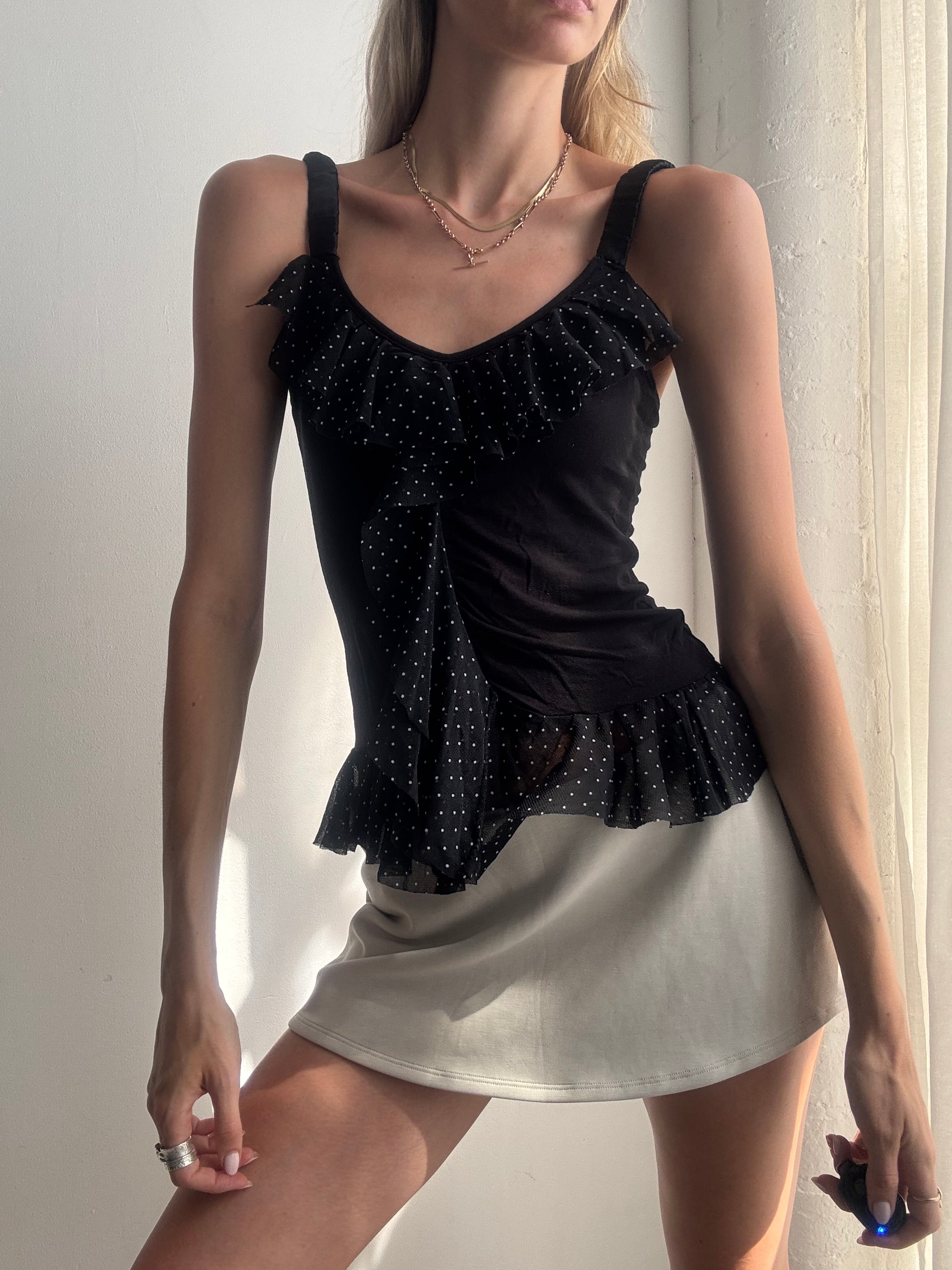 Vintage Y2K Black Polka Dot Ruffle Cami Top - Size XS/S