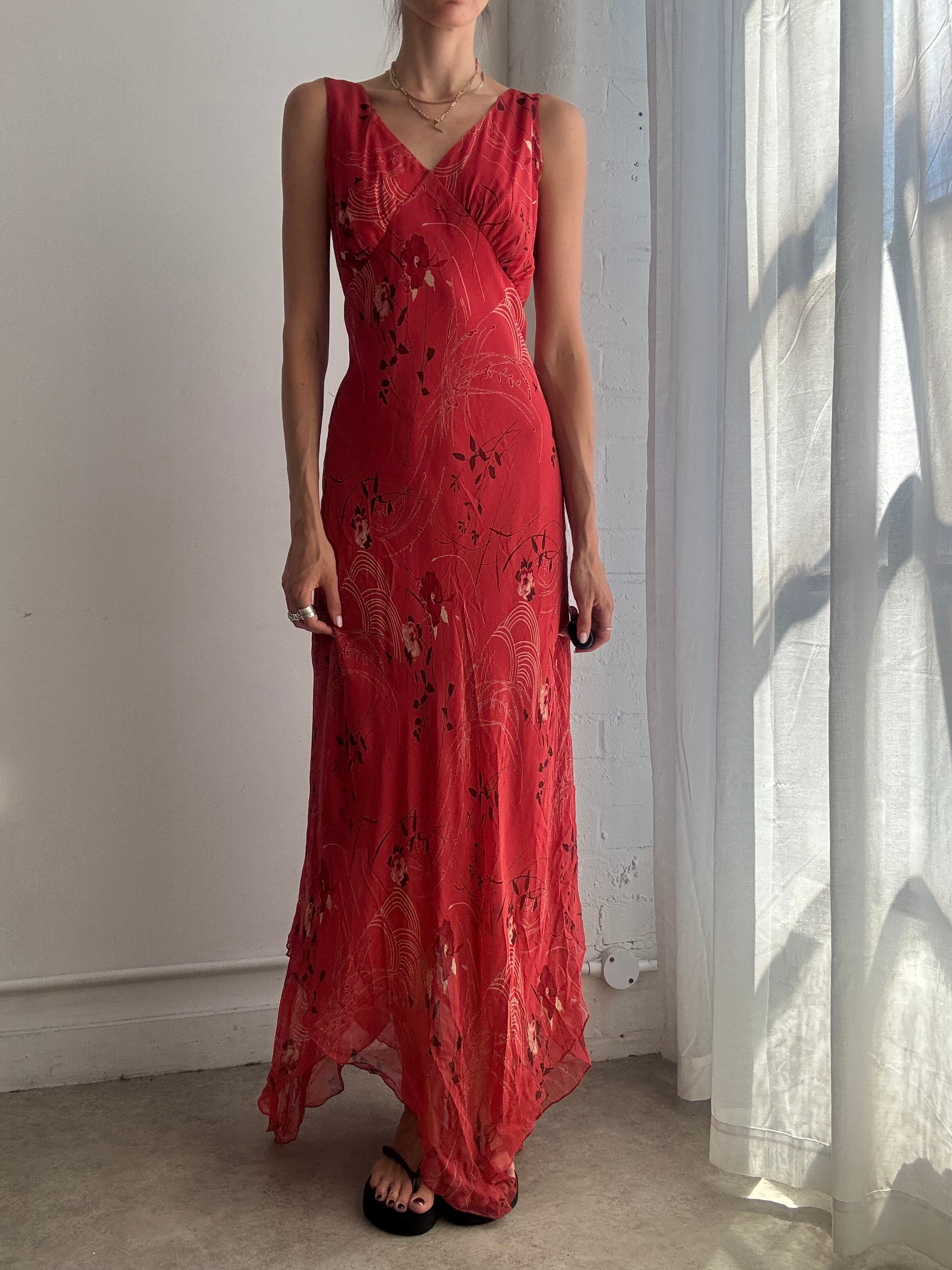 Vintage Red Floral Silk Maxi Dress Y2K - Size L
