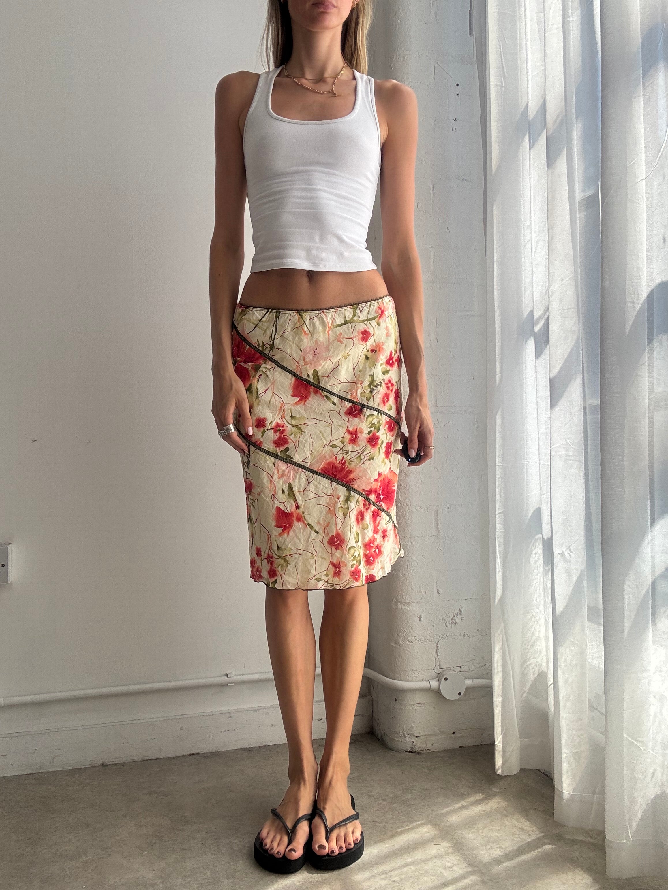 Vintage Cream Cotton Floral Midi Skirt Y2K - Size XS