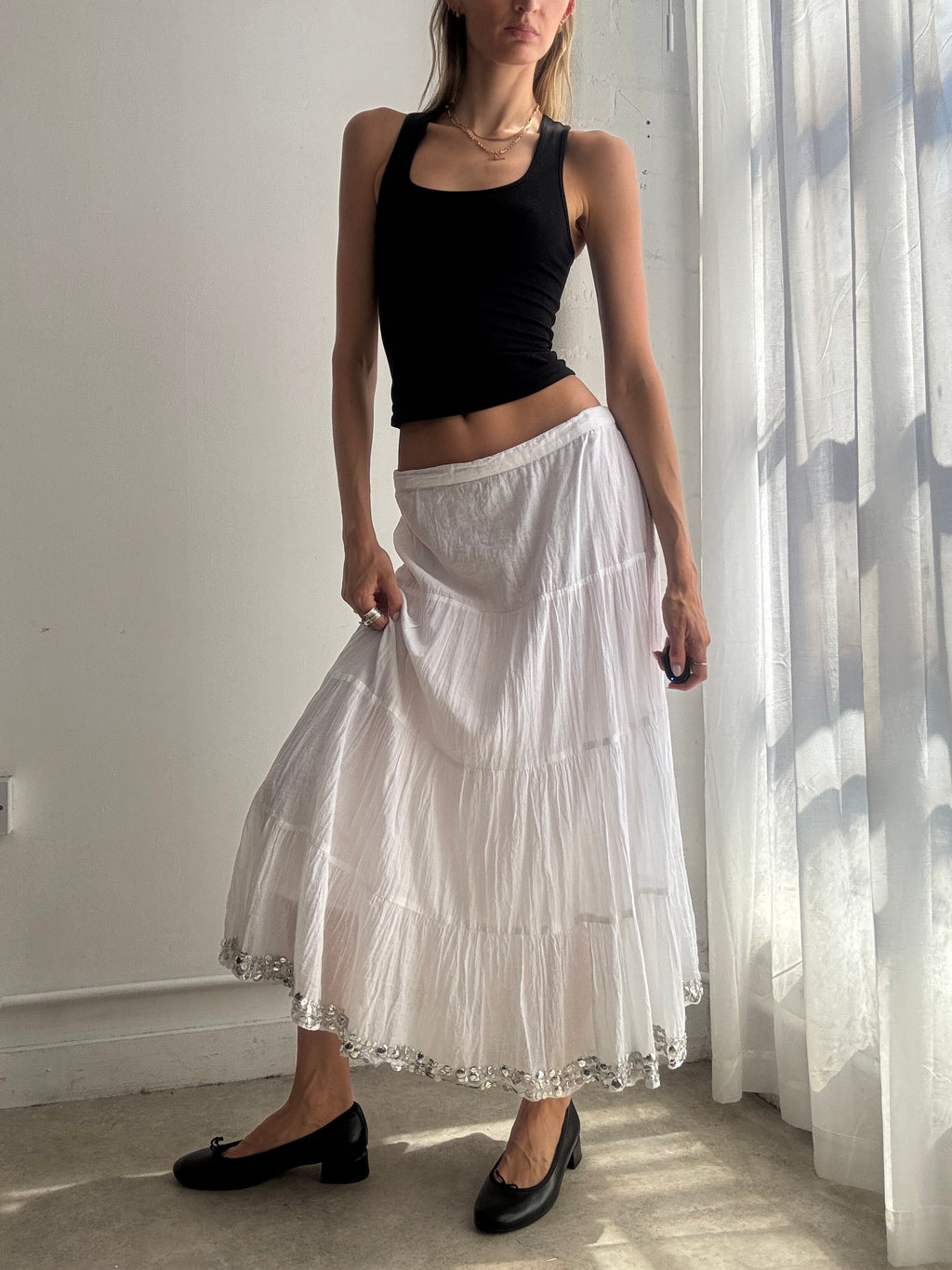 Vintage White Tiered Maxi Skirt Y2K Silver Sequin - Size S/M