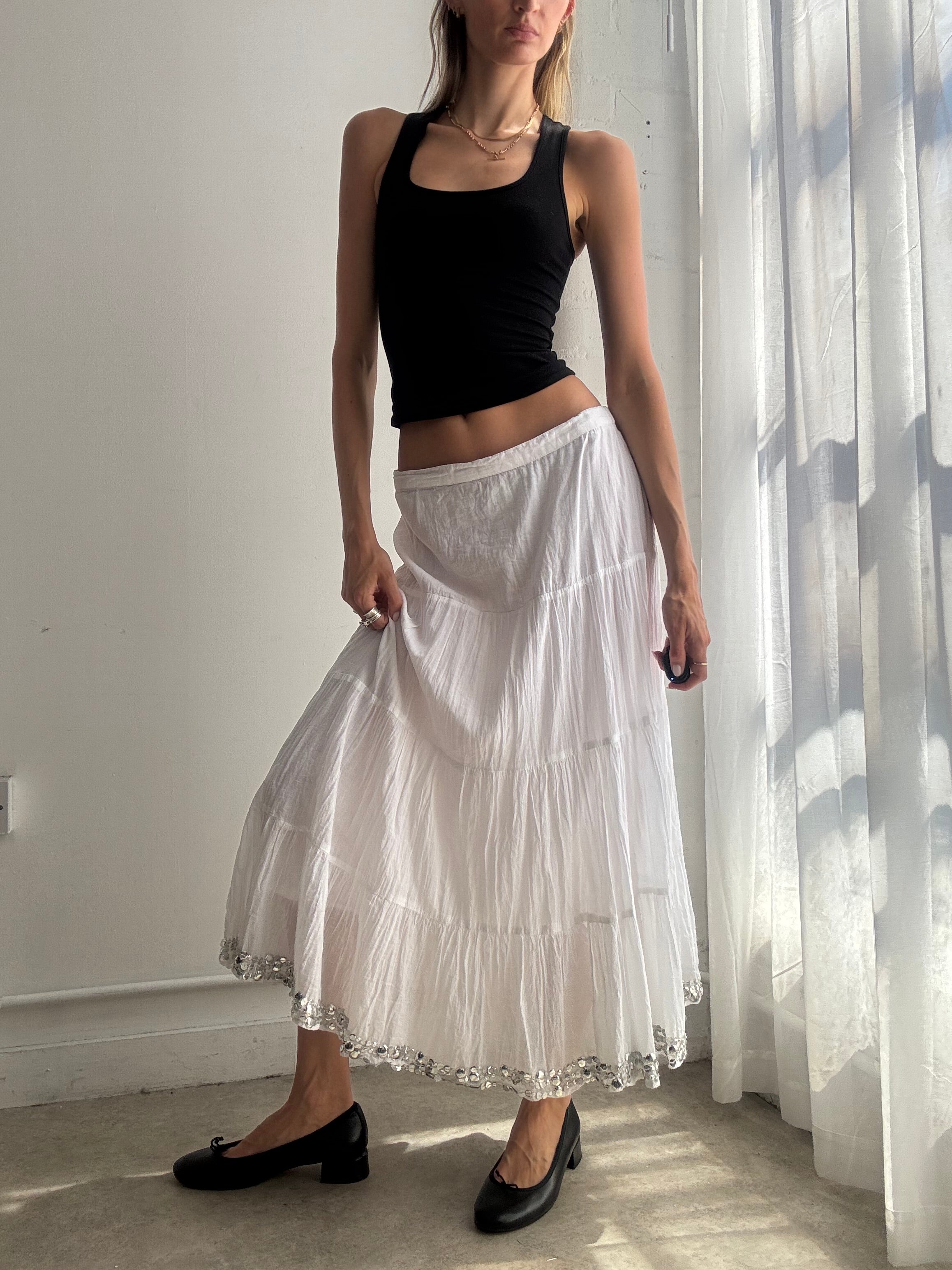 Vintage White Tiered Maxi Skirt Y2K Silver Sequin - Size S/M