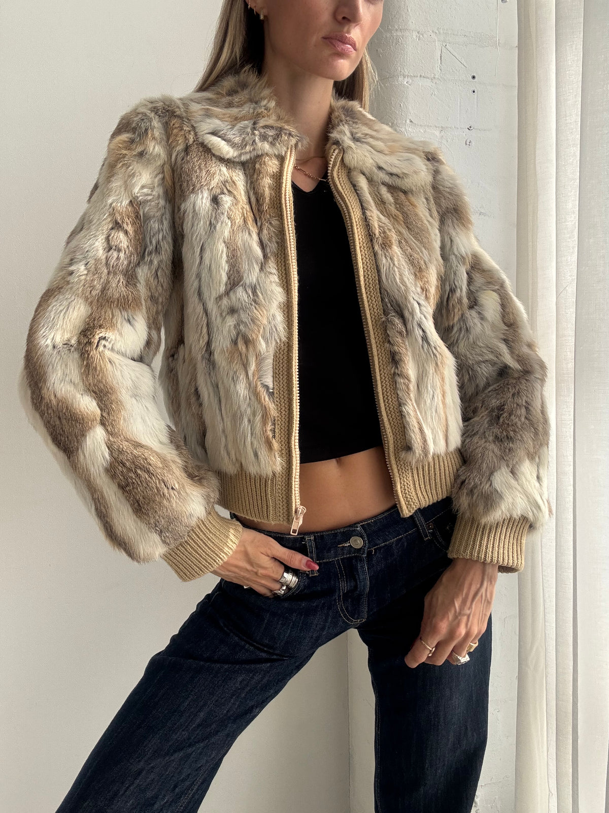 Vintage Y2K Beige Patchwork Fur Cropped Bomber Jacket - Size XS