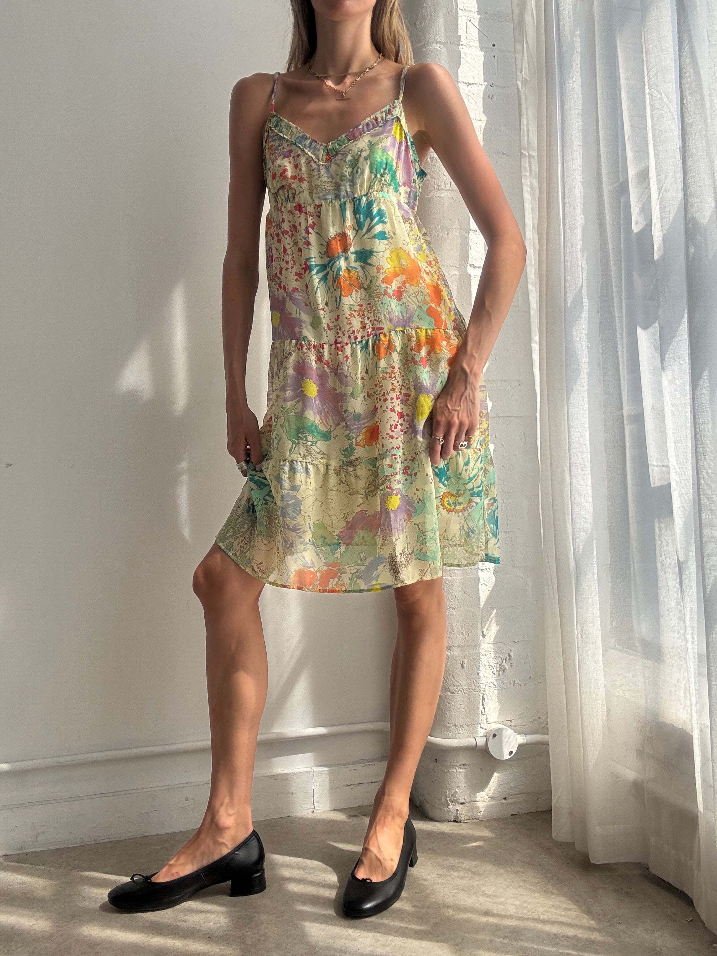 Vintage Y2K Floral Mesh Slip Dress - Size S/M