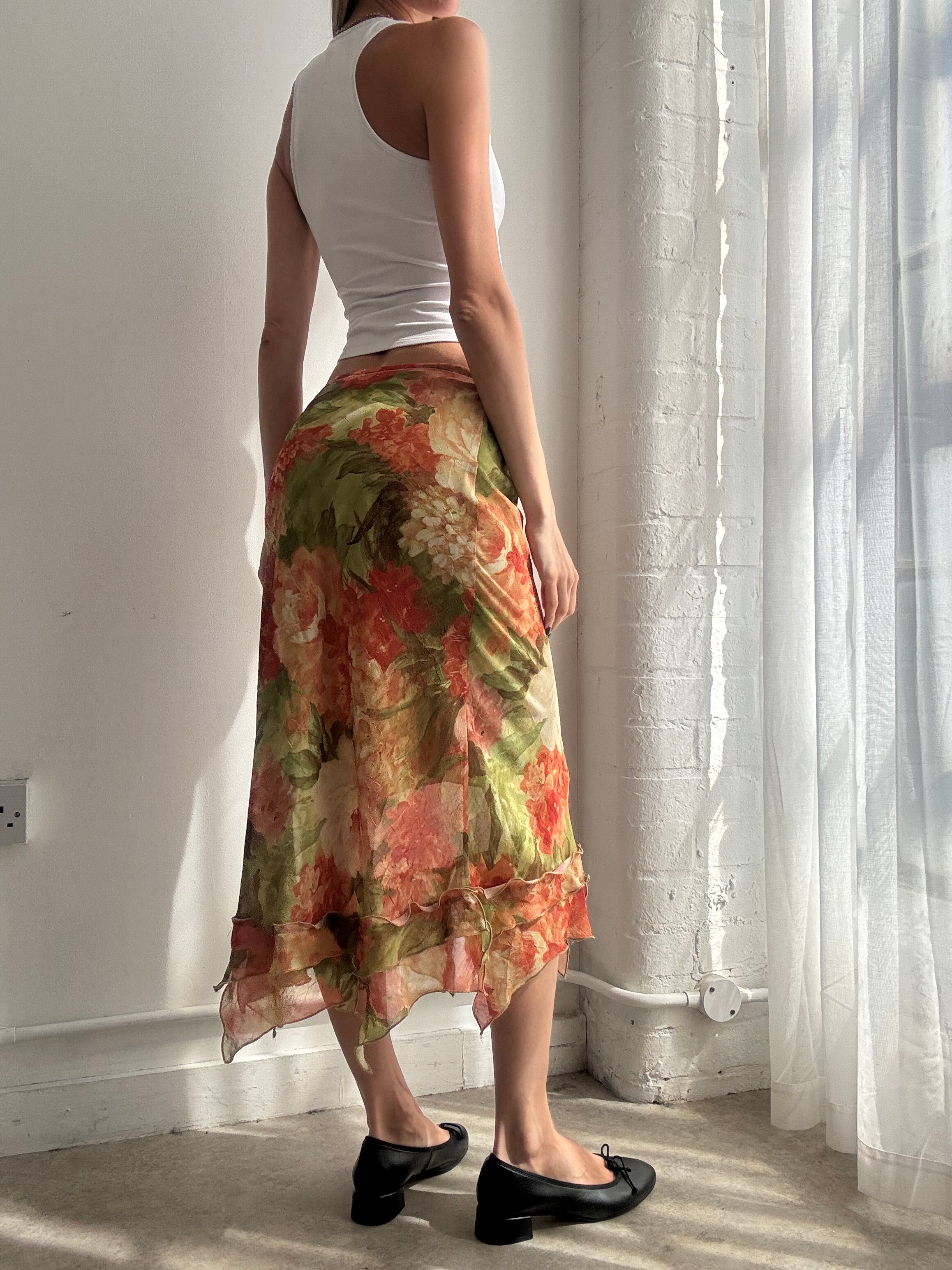 Vintage Y2K floral mesh ruffle midi skirt - Size XS/S