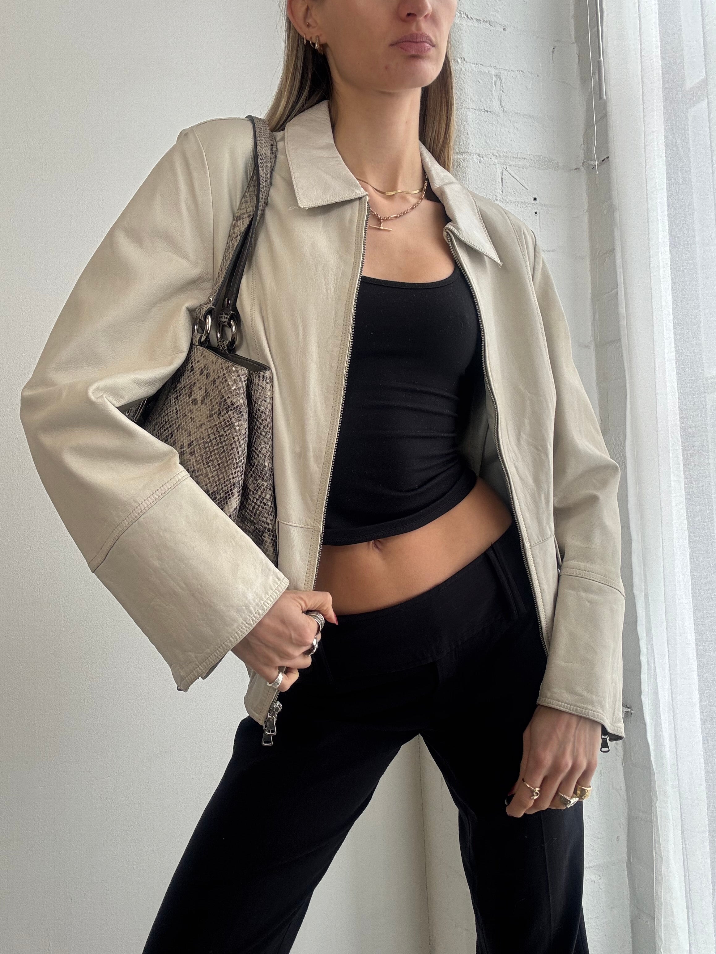 Vintage Y2K cream leather zip jacket