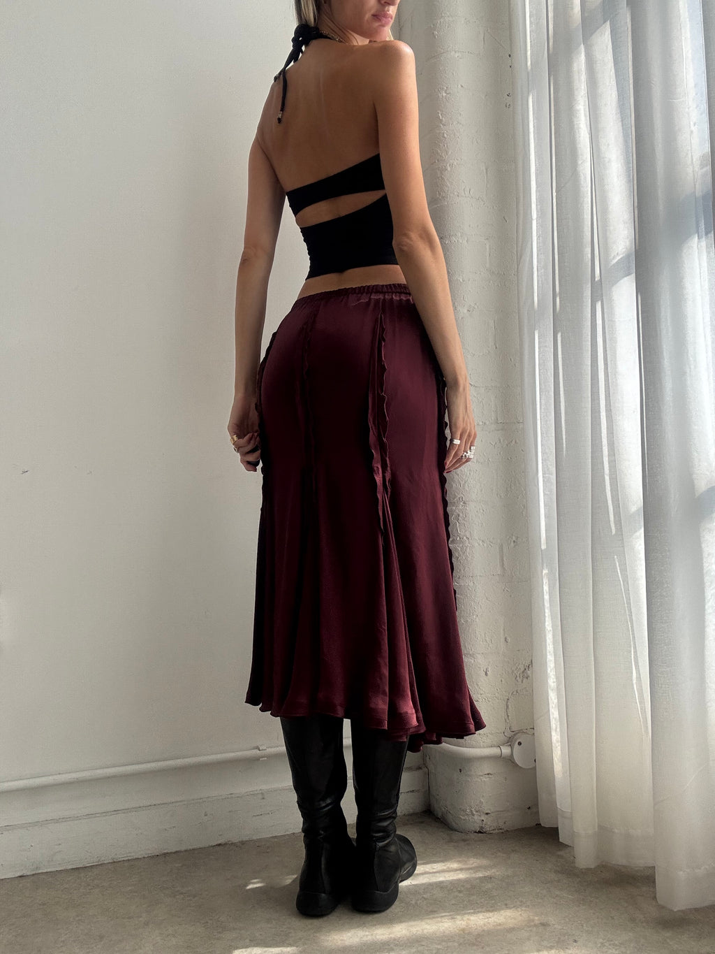 Vintage Y2K Burgundy Silk Ruffle Maxi Skirt - Size S