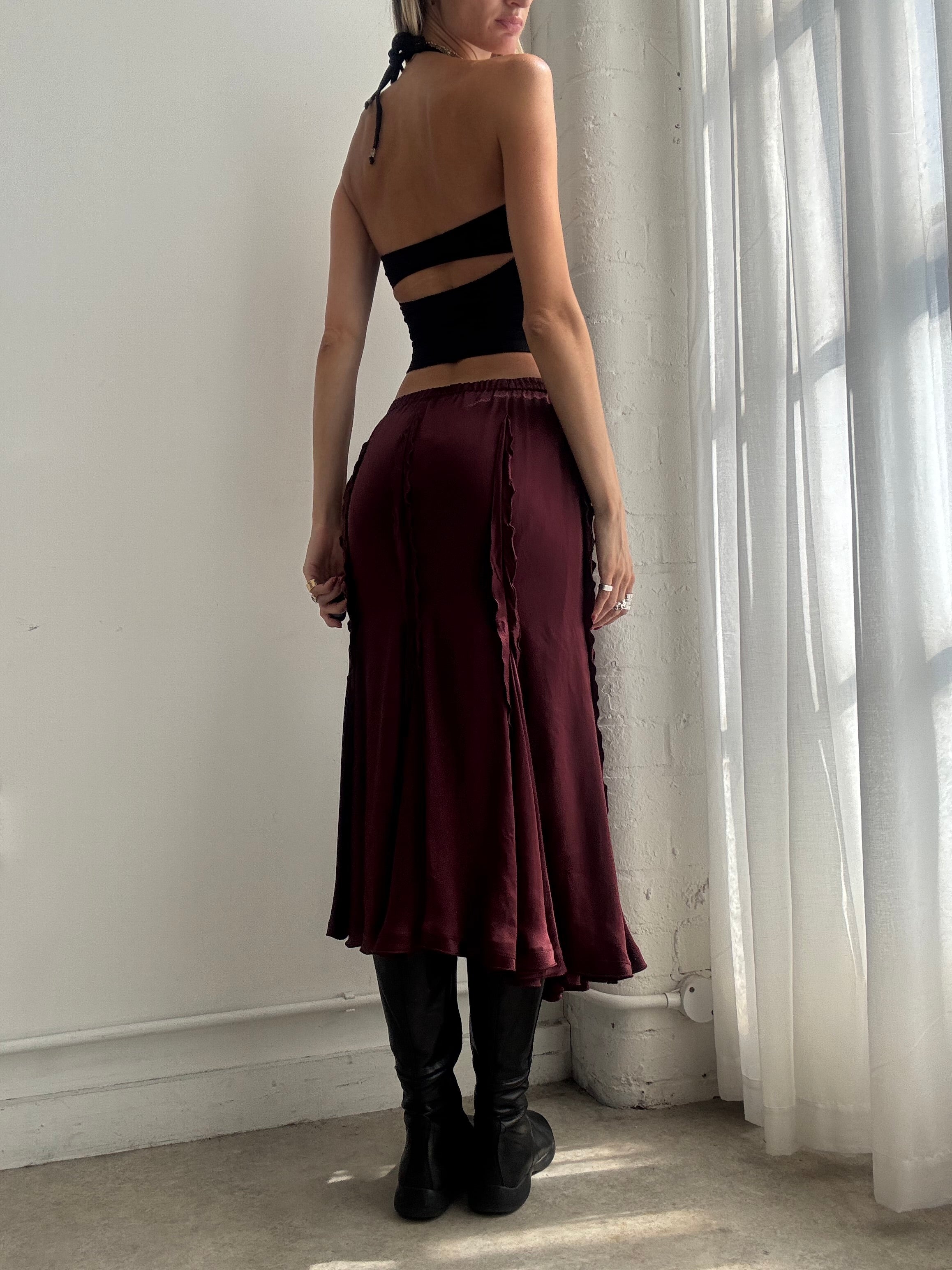 Vintage Y2K Burgundy Silk Ruffle Maxi Skirt - Size S