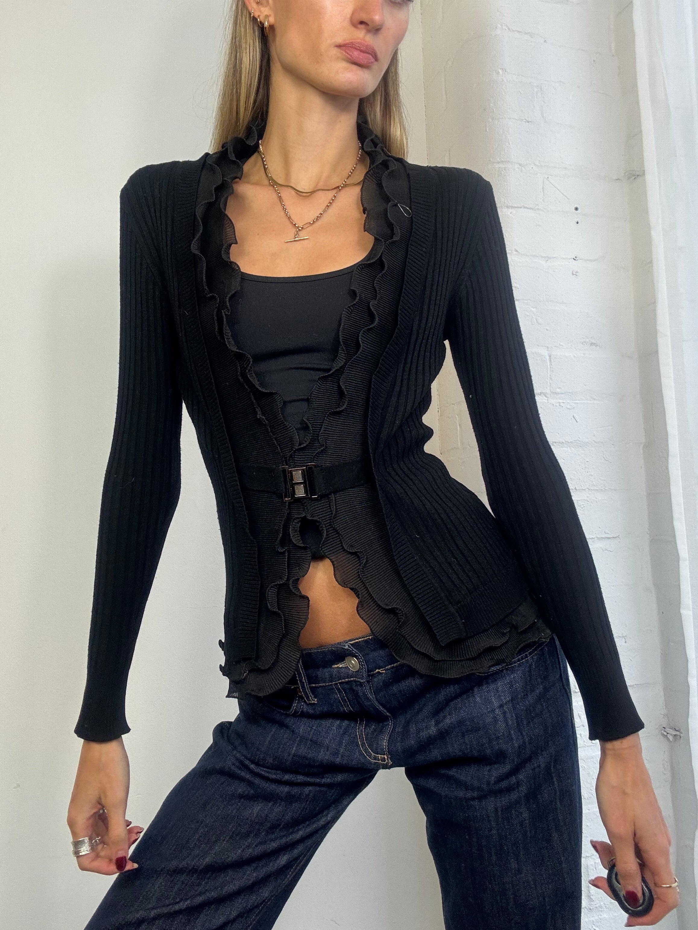 Vintage Y2K black ribbed cardigan with silver buckle detail