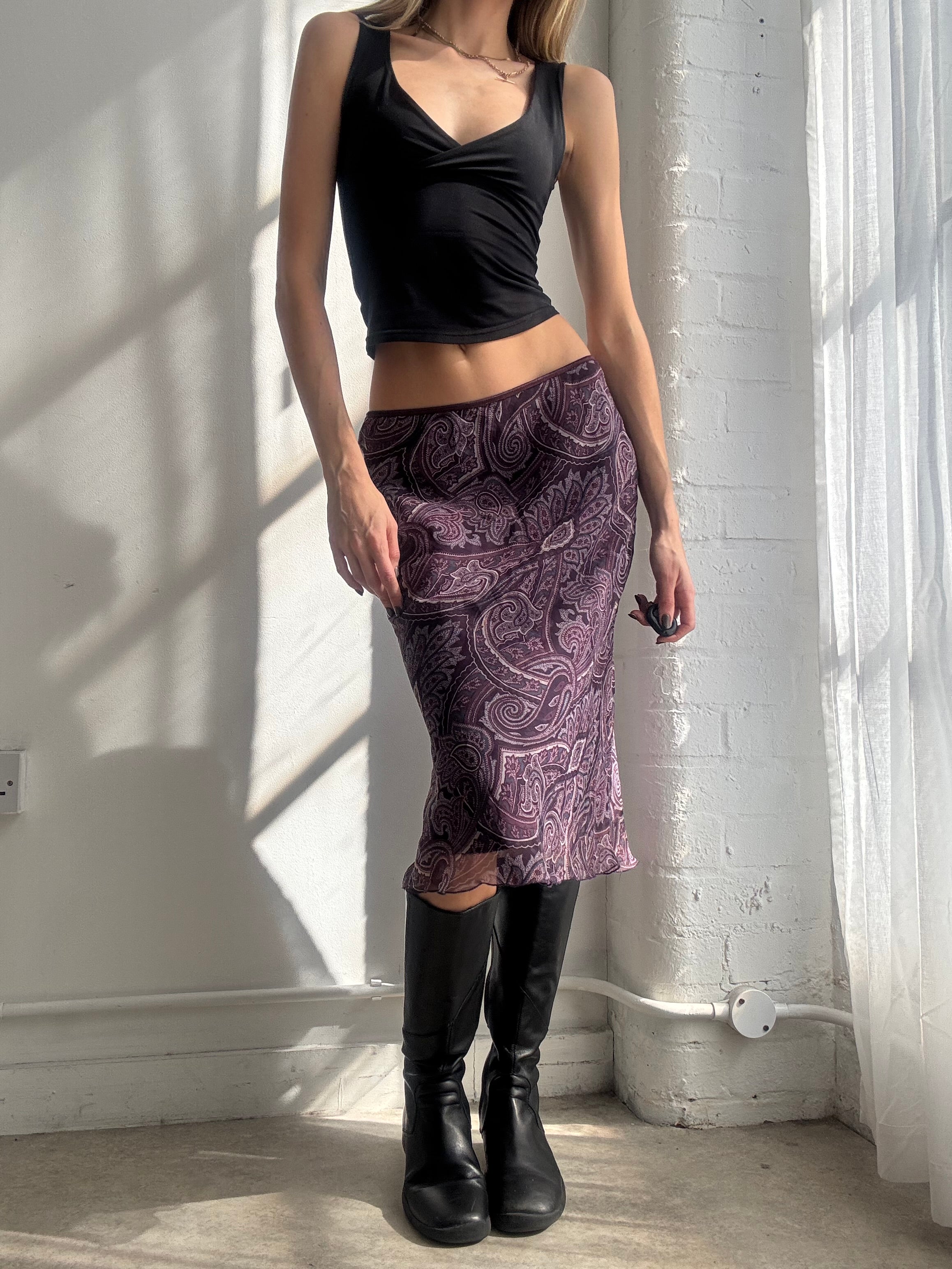 Vintage Y2K purple paisley mesh midi skirt