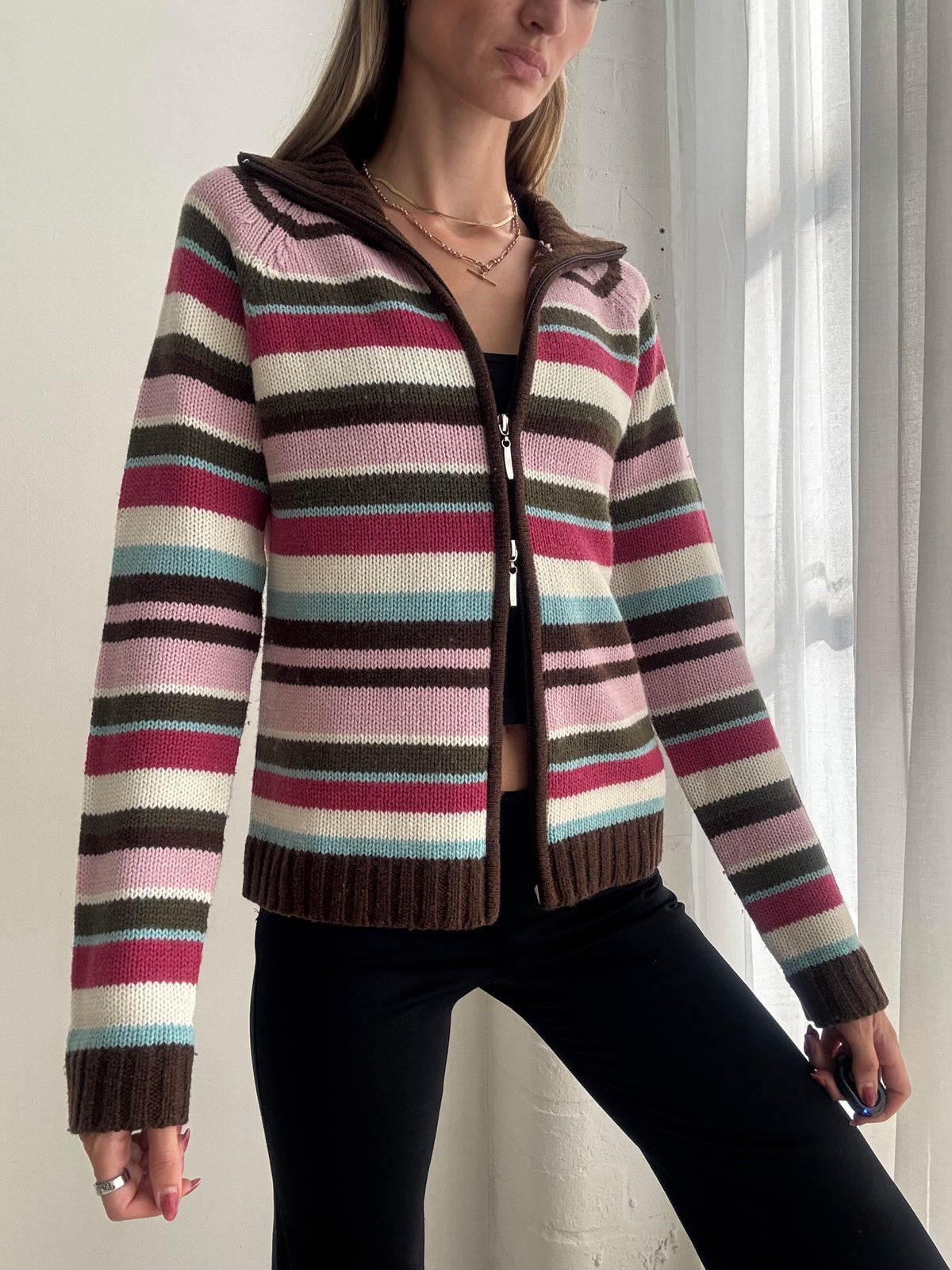 Vintage Y2K Pink & Brown Striped Zip Up Knit Cardigan - Size M