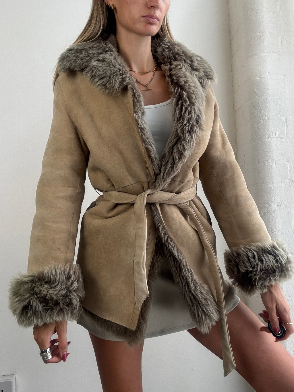 Vintage Y2K Beige Suede Sheepskin  Fur Trim Belted Afghan Coat - Size XS
